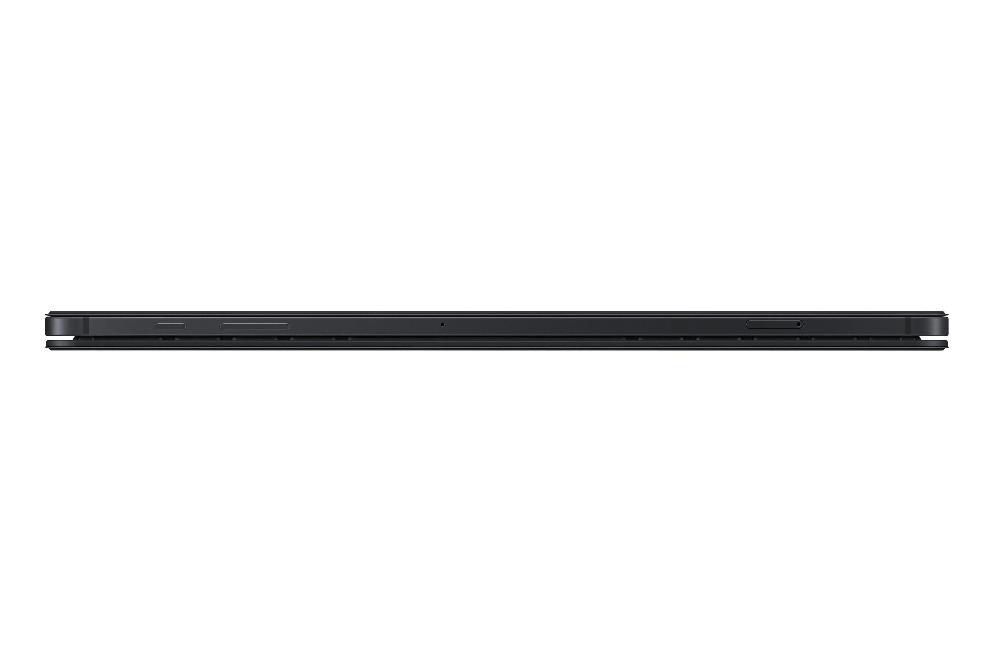 Ein dünnes, schwarzes Tablet, von der Seite gesehen. Der Bildschirm ist bündig mit dem Gehäuse.