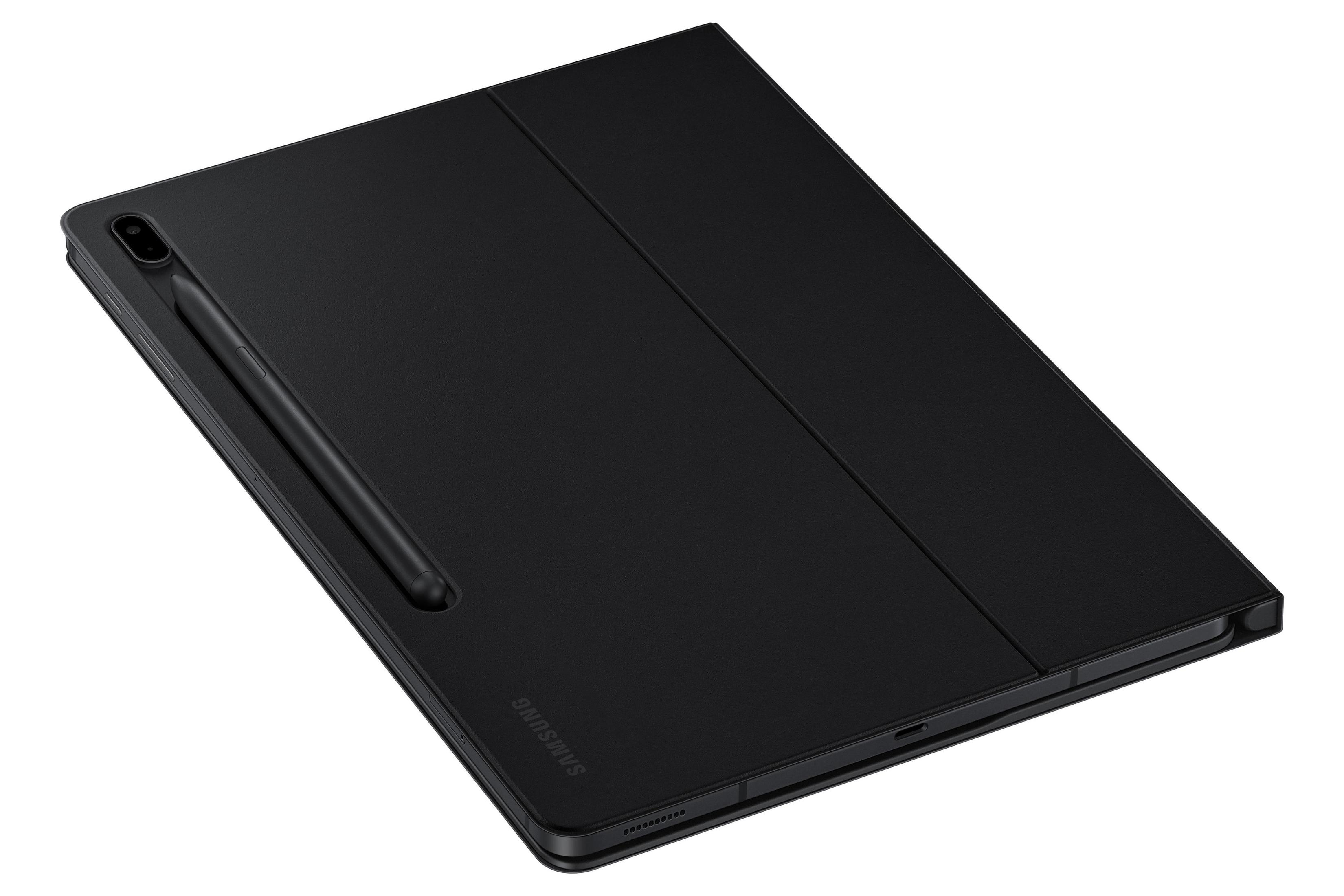 Schwarzes Tablet in schwarzer Hülle mit Stift. Das Tablet liegt auf weißer Oberfläche.