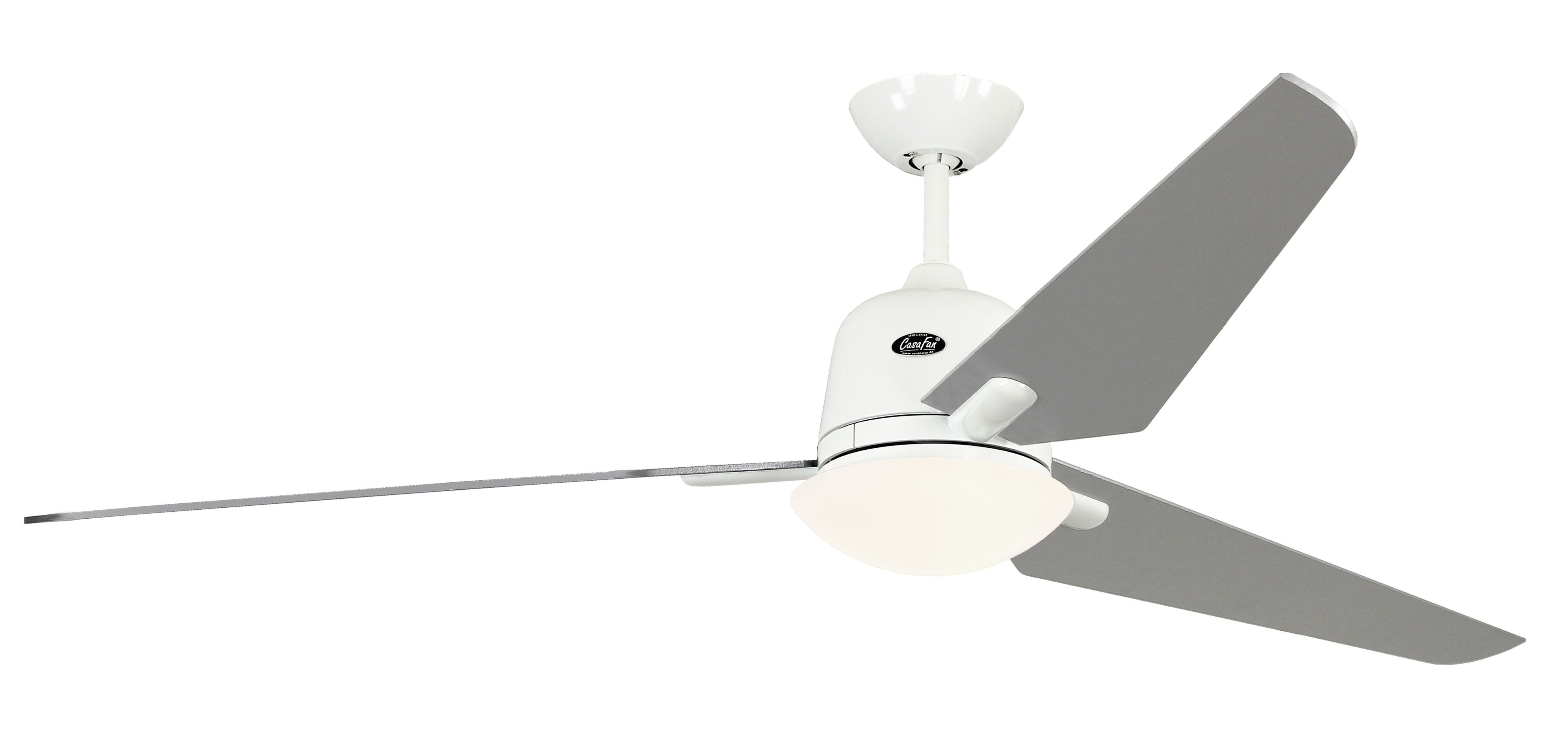 Ventilatore da soffitto bianco con pale grigie e luce bianca.