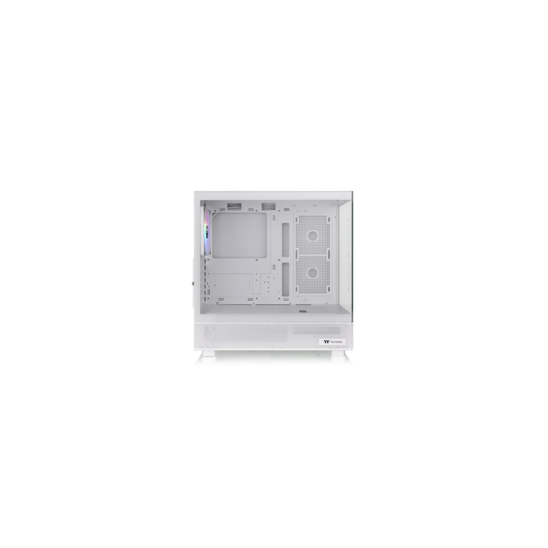 White computer case with visible components on a white background.