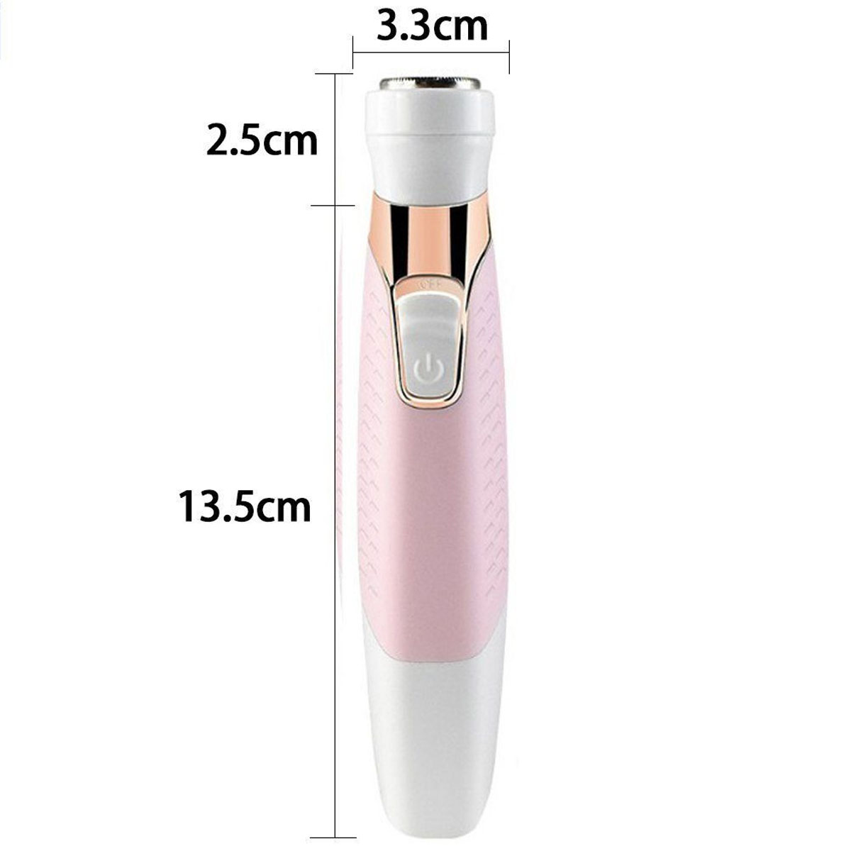 Ein rosa-weißer Elektrorasierer mit Maßangaben. Ein Einschaltknopf ist sichtbar.