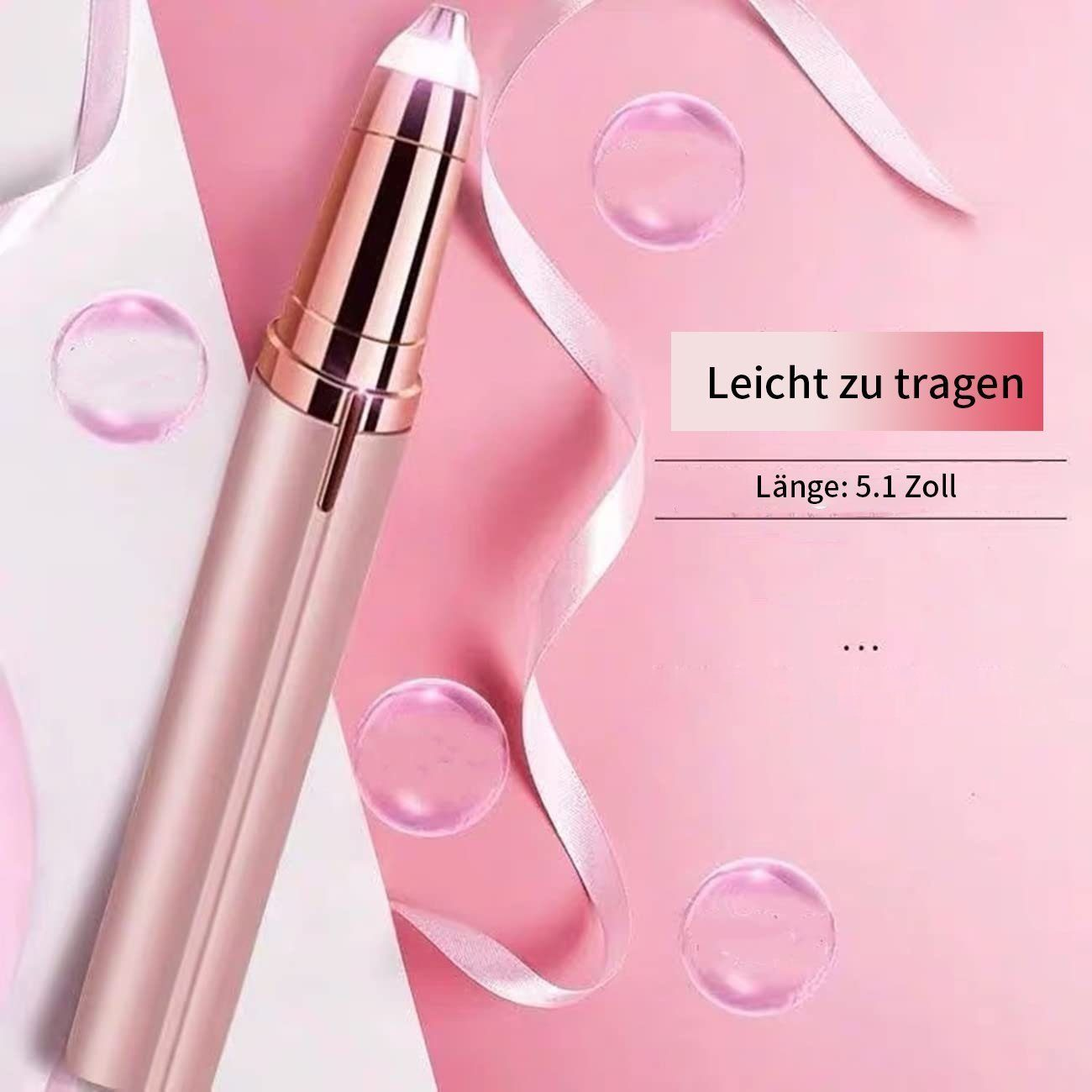 Ein roségoldener Augenbrauentrimmer mit rosa Hintergrund und Blasen. Text: 'Leicht zu tragen'.