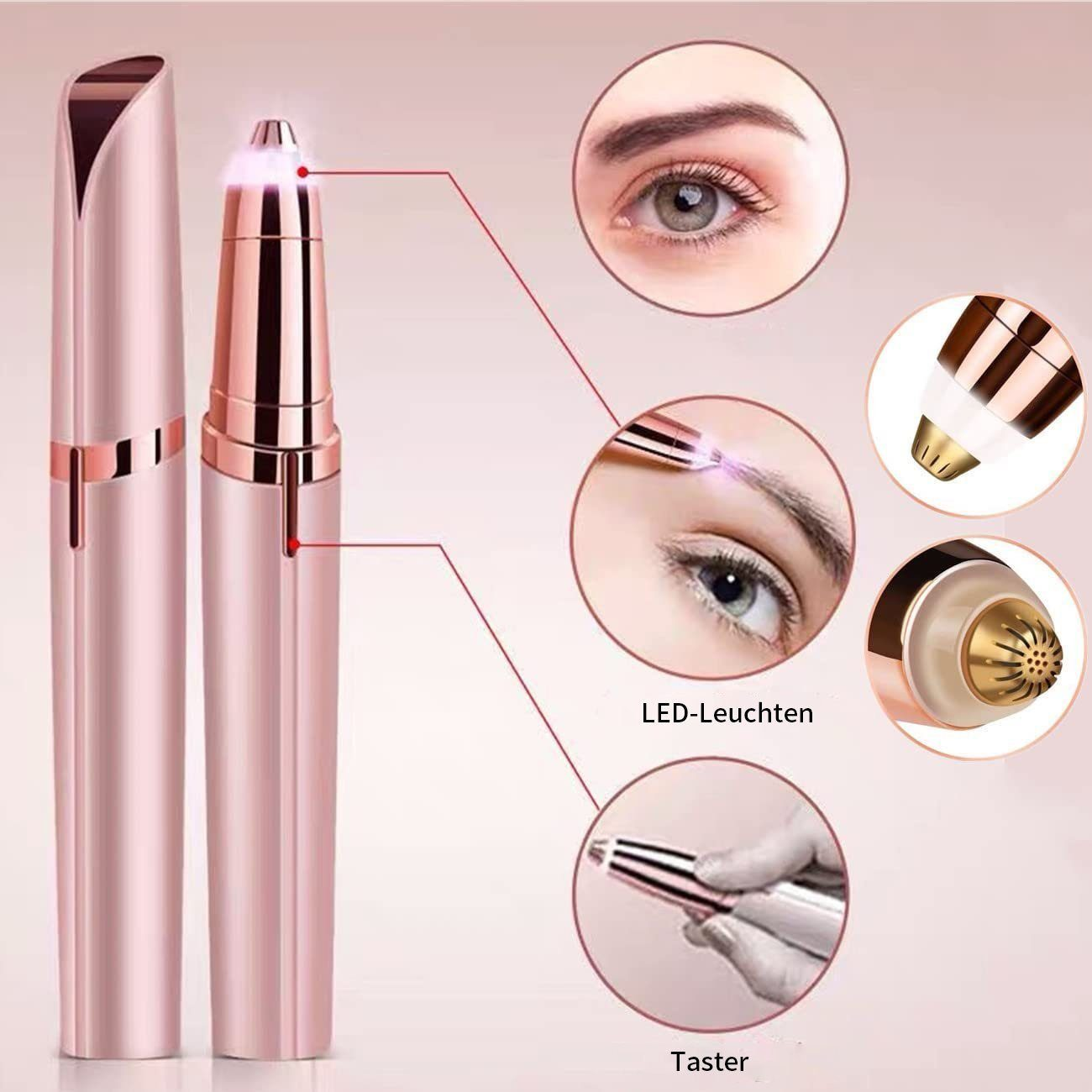 Rosa Augenbrauen-Trimmer mit Details zur Verwendung und Nahaufnahmen. Merkmale sind LED-Leuchten und ein Knopf.