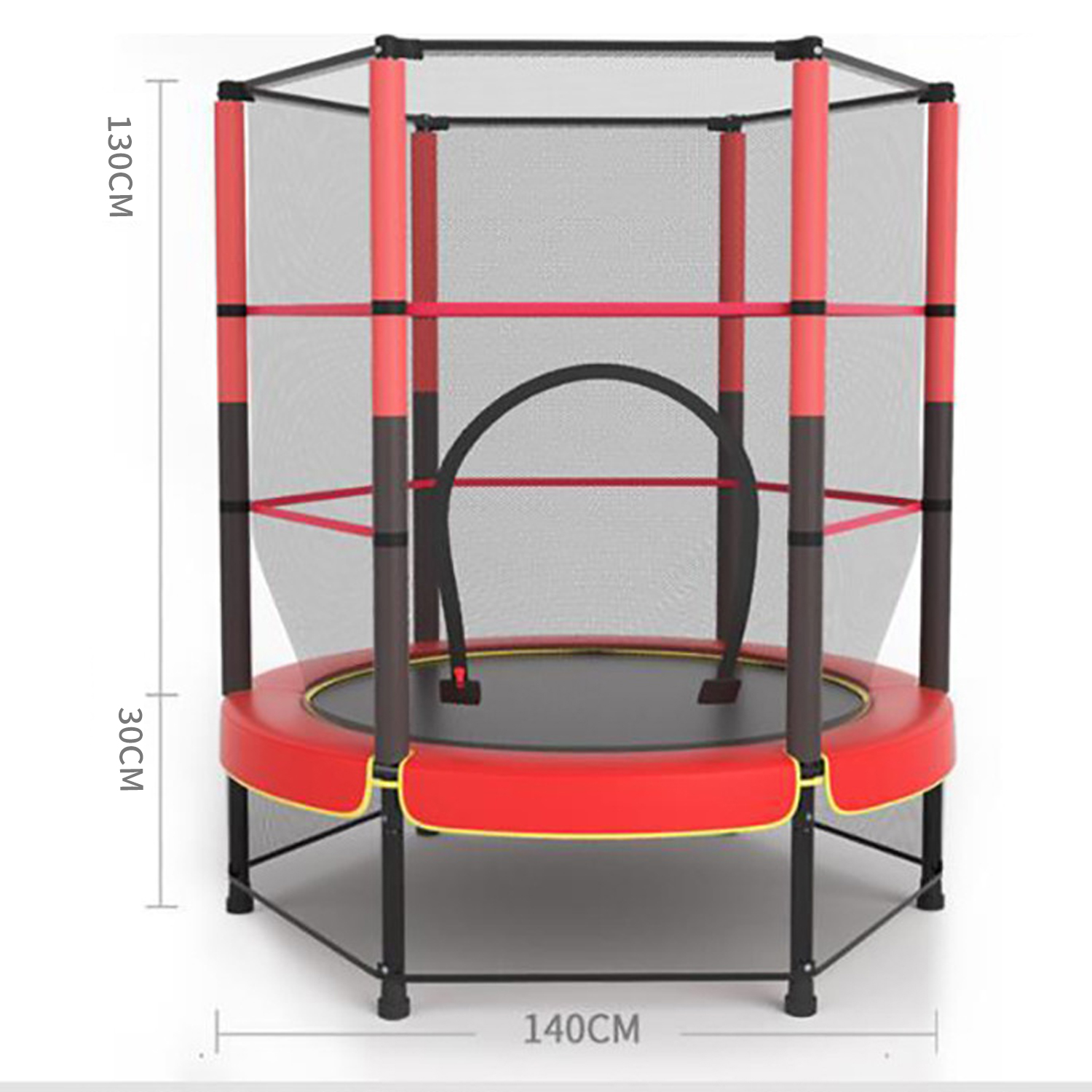 Rotes und schwarzes Trampolin mit beschrifteten Abmessungen. Hat Sicherheitsnetz und einen rot gepolsterten Rand.