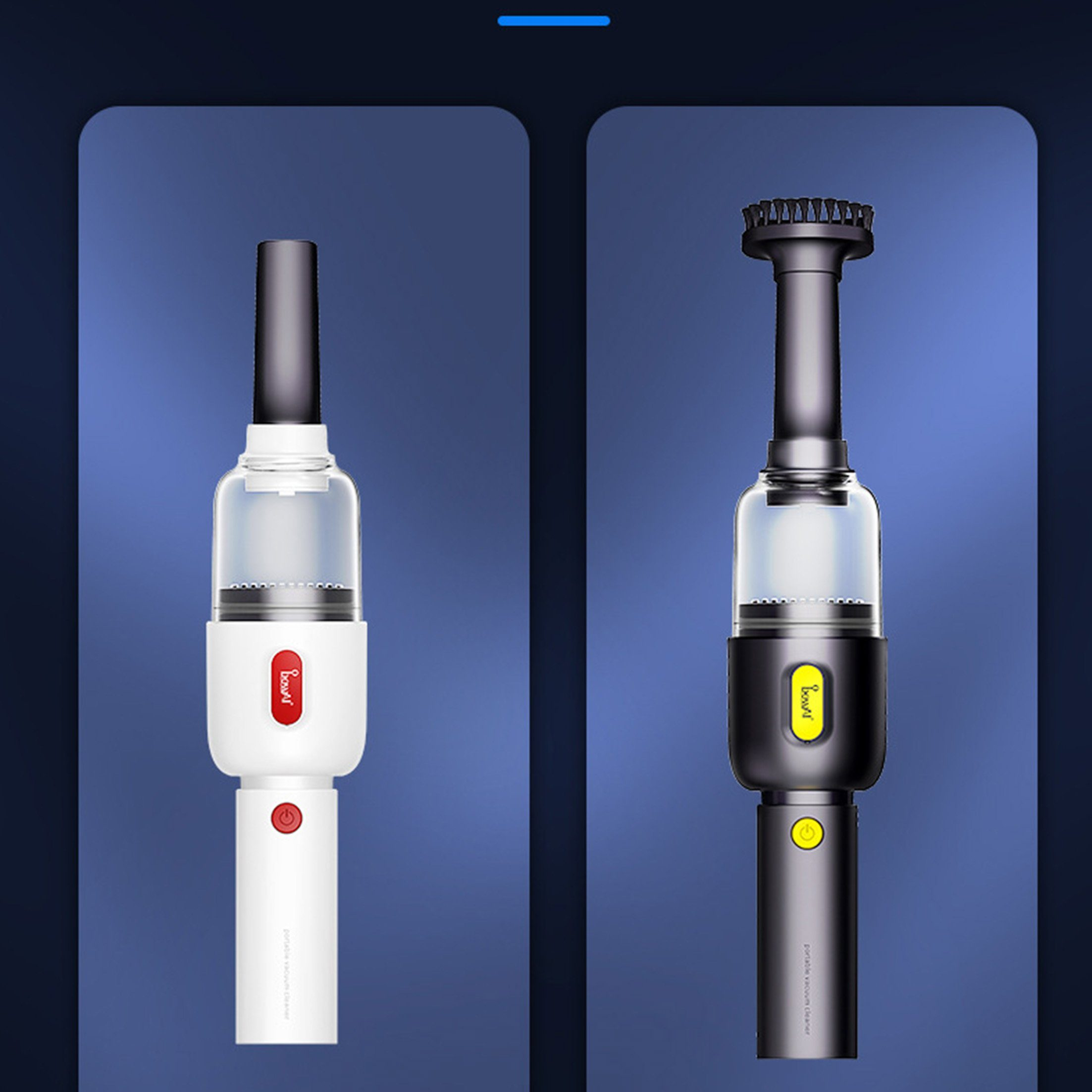 Dwa przenośne odkurzacze. Jeden jest biały, drugi czarny, oba z różnymi końcówkami.
