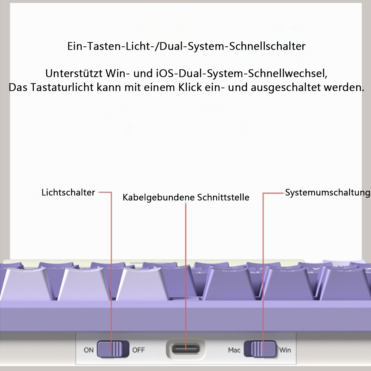 Nahaufnahme einer Tastatur. Text und Indikatoren beschriften Abschnitte für Lichter, kabelgebundene Schnittstelle und System.