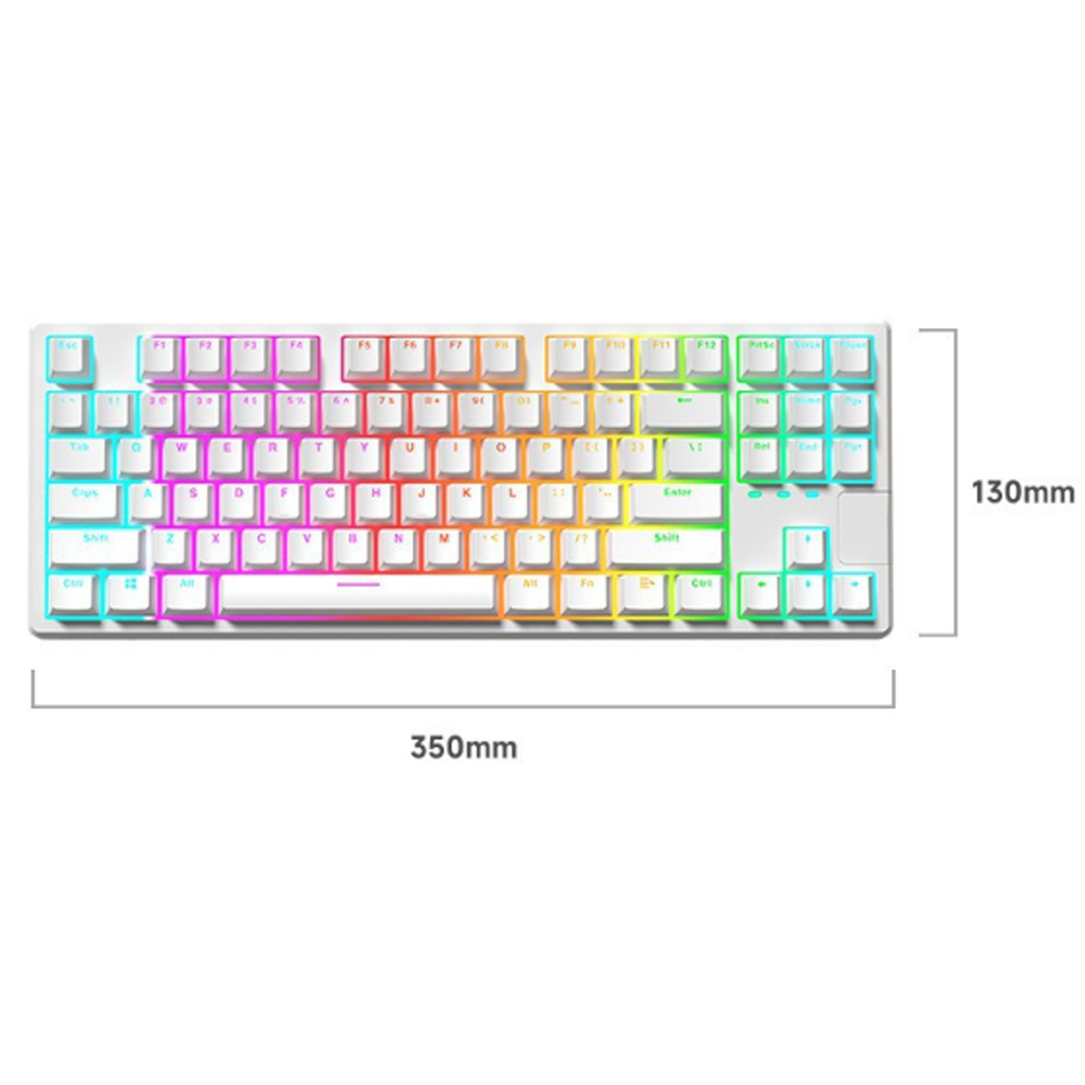 Eine weiße Tastatur mit bunten Tasten und Abmessungen in Millimetern.