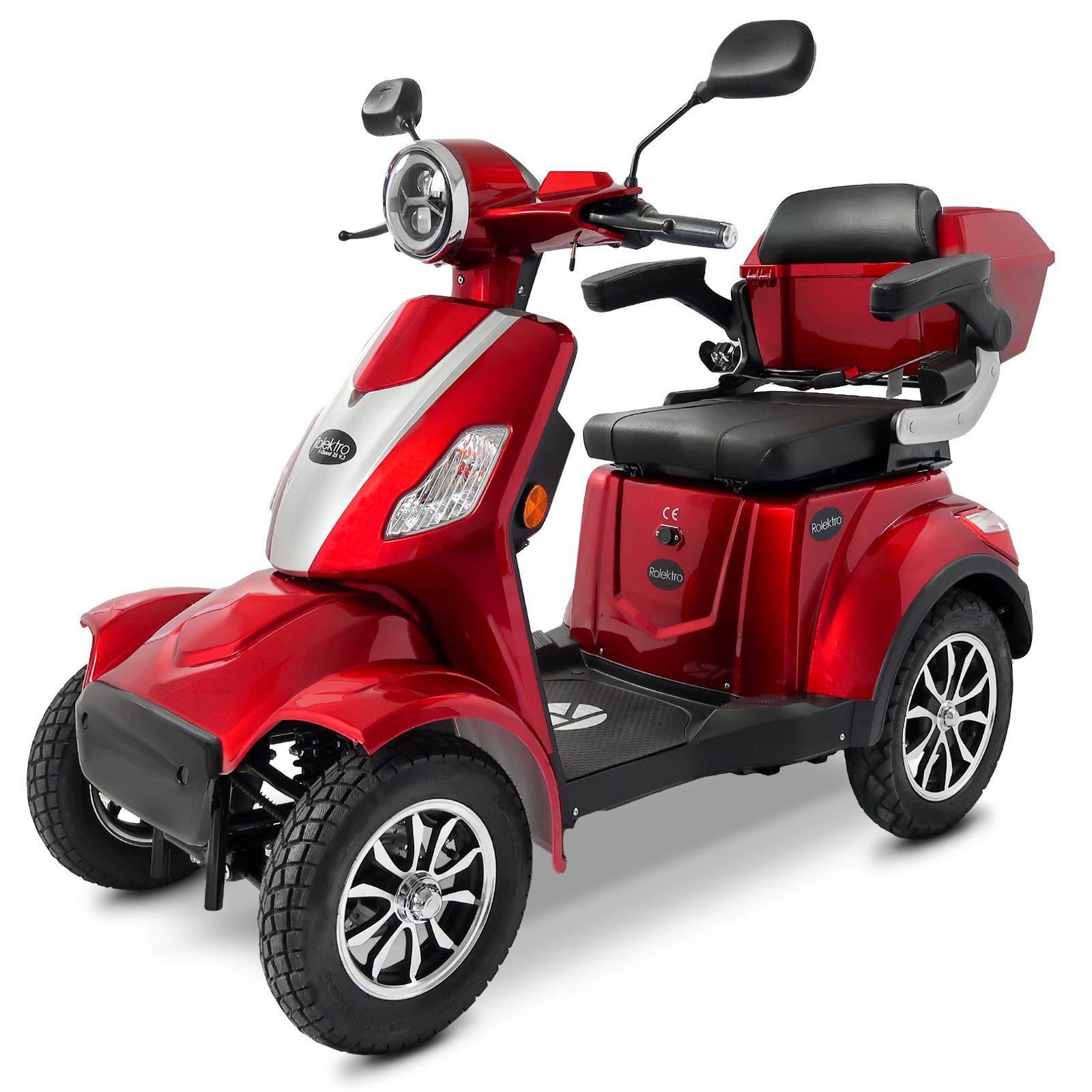 Ein roter Mobilitätsroller mit Sitz, Scheinwerfer und Spiegeln.