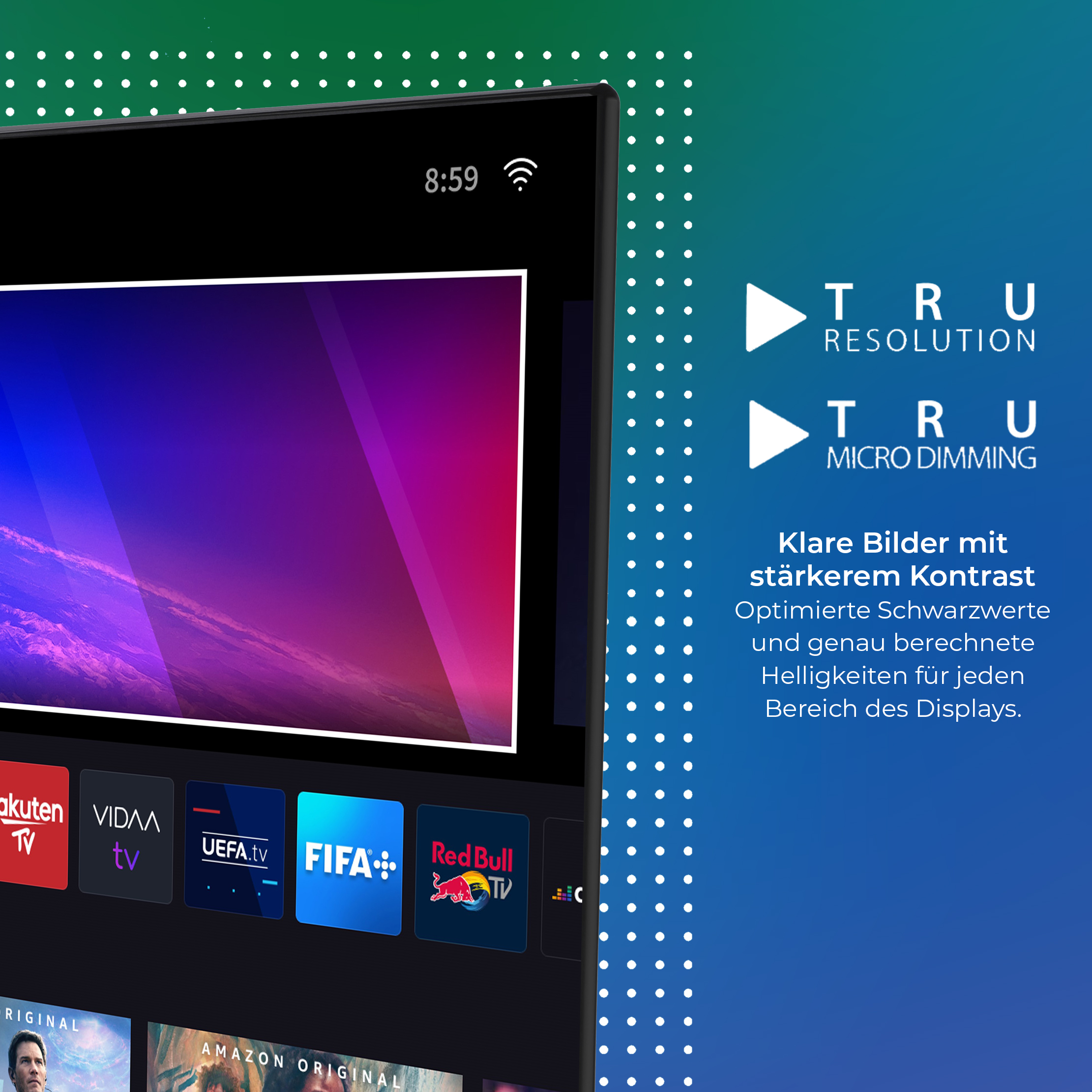 TV-Bildschirm mit Apps und Texten zu Auflösung und Micro Dimming. Blau-grüner Hintergrund.