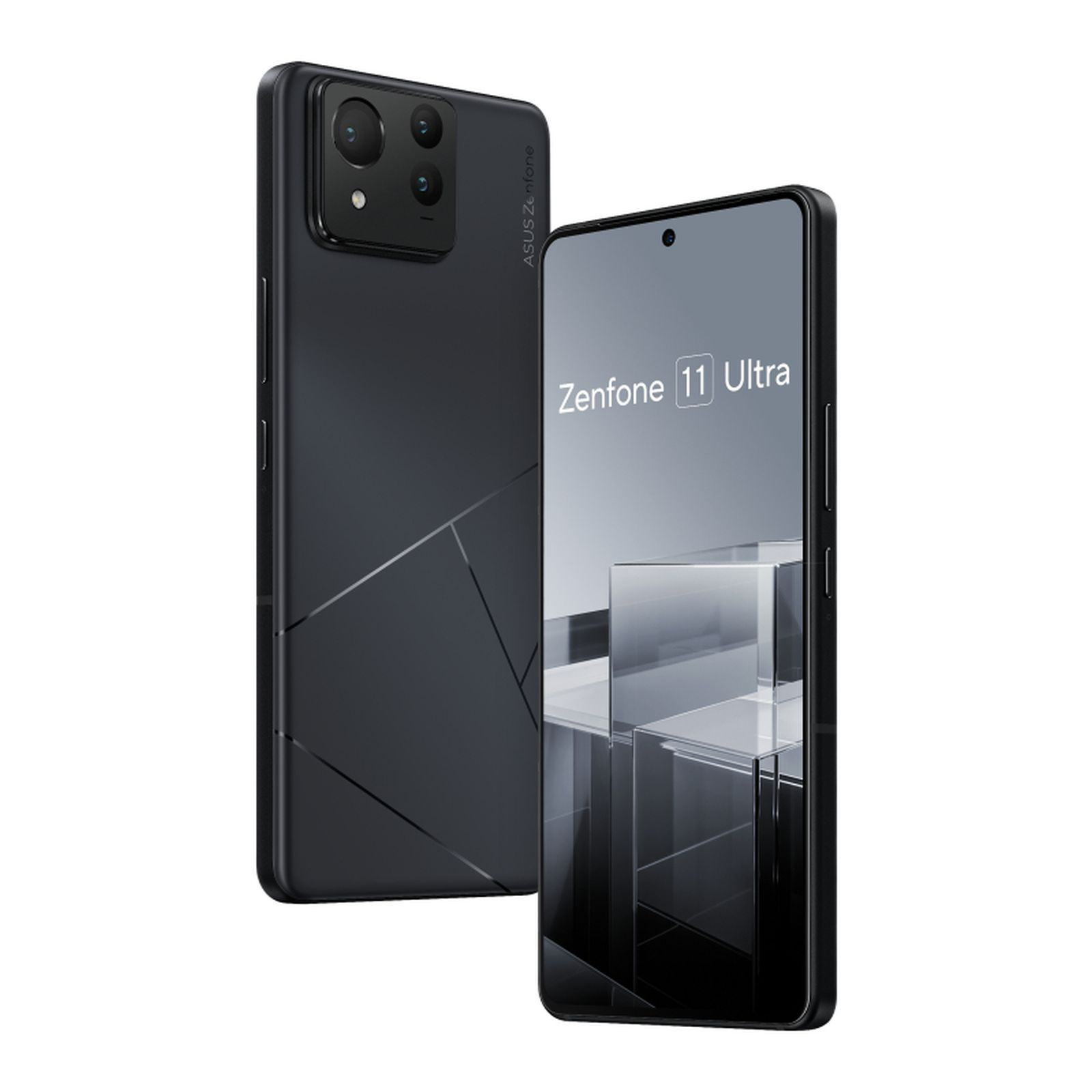 Zwei schwarze Smartphones, eines mit Bildschirm, das andere mit Kamera.