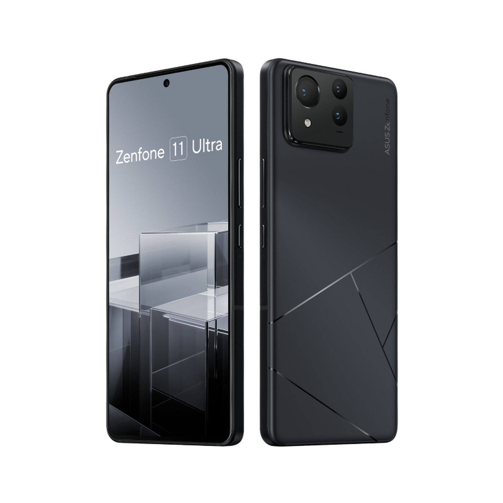 Zwei Ansichten eines schwarzen ASUS Zenfone 11 Ultra. Eine vorne, mit Bildschirm. Die andere hinten, mit Kameras.