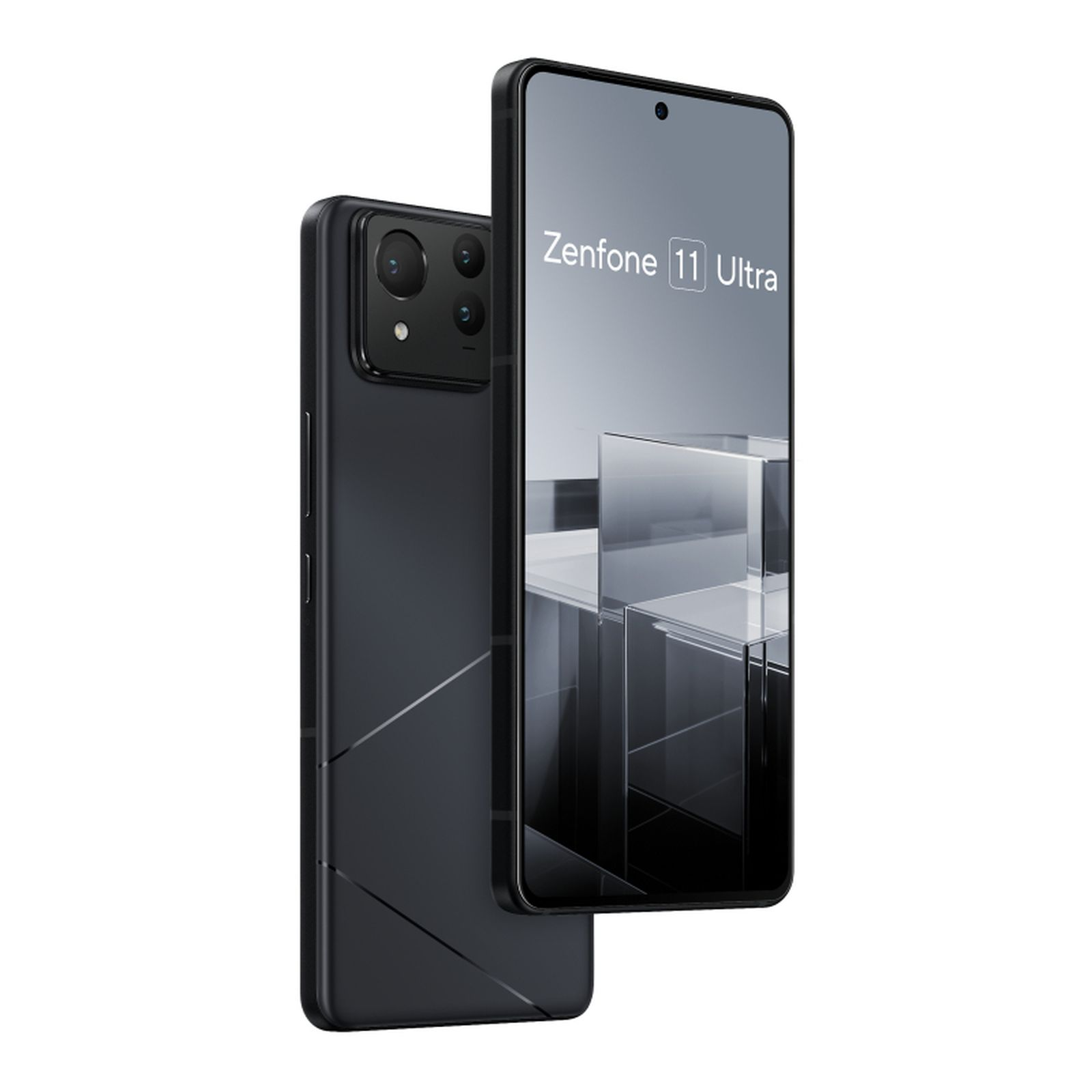 Schwarzes Zenfone 11 Ultra Telefon. Drei Rückkameras. Weißer Hintergrund.