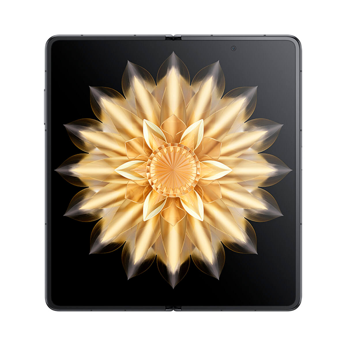 Czarny, składany smartfon ze złotym wzorem kwiatowym na wewnętrznym ekranie, na czarnym tle.