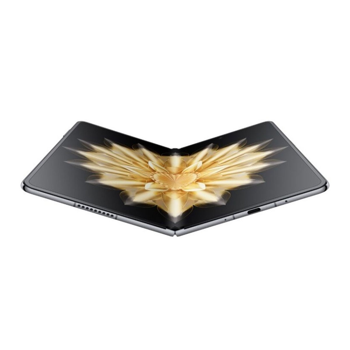 Składany telefon jest otwarty, wyświetlając złoty kwiatowy wzór na ekranie.