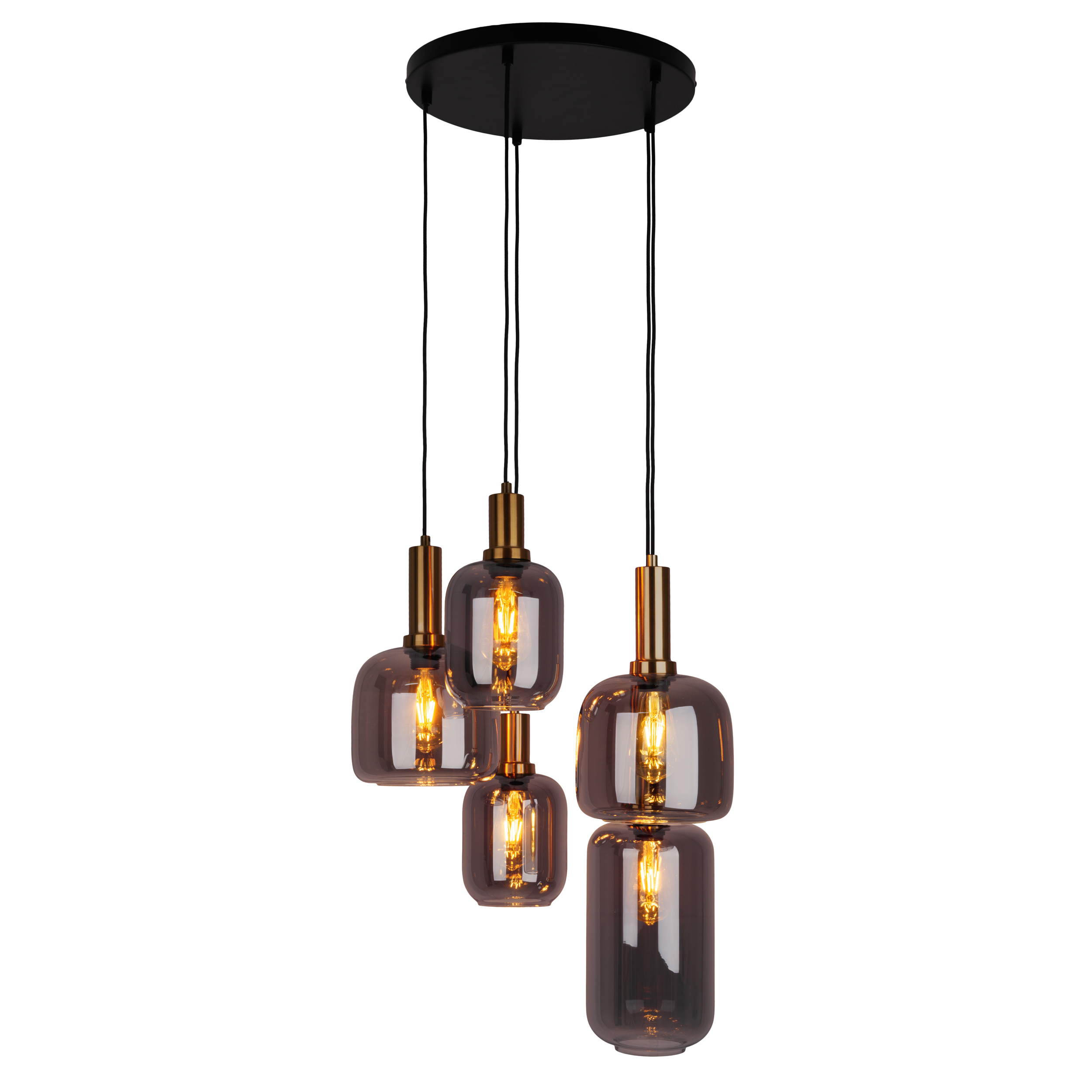 Un lustre moderne avec quatre suspensions. Chacune a une tige en bronze et un abat-jour en verre fumé.