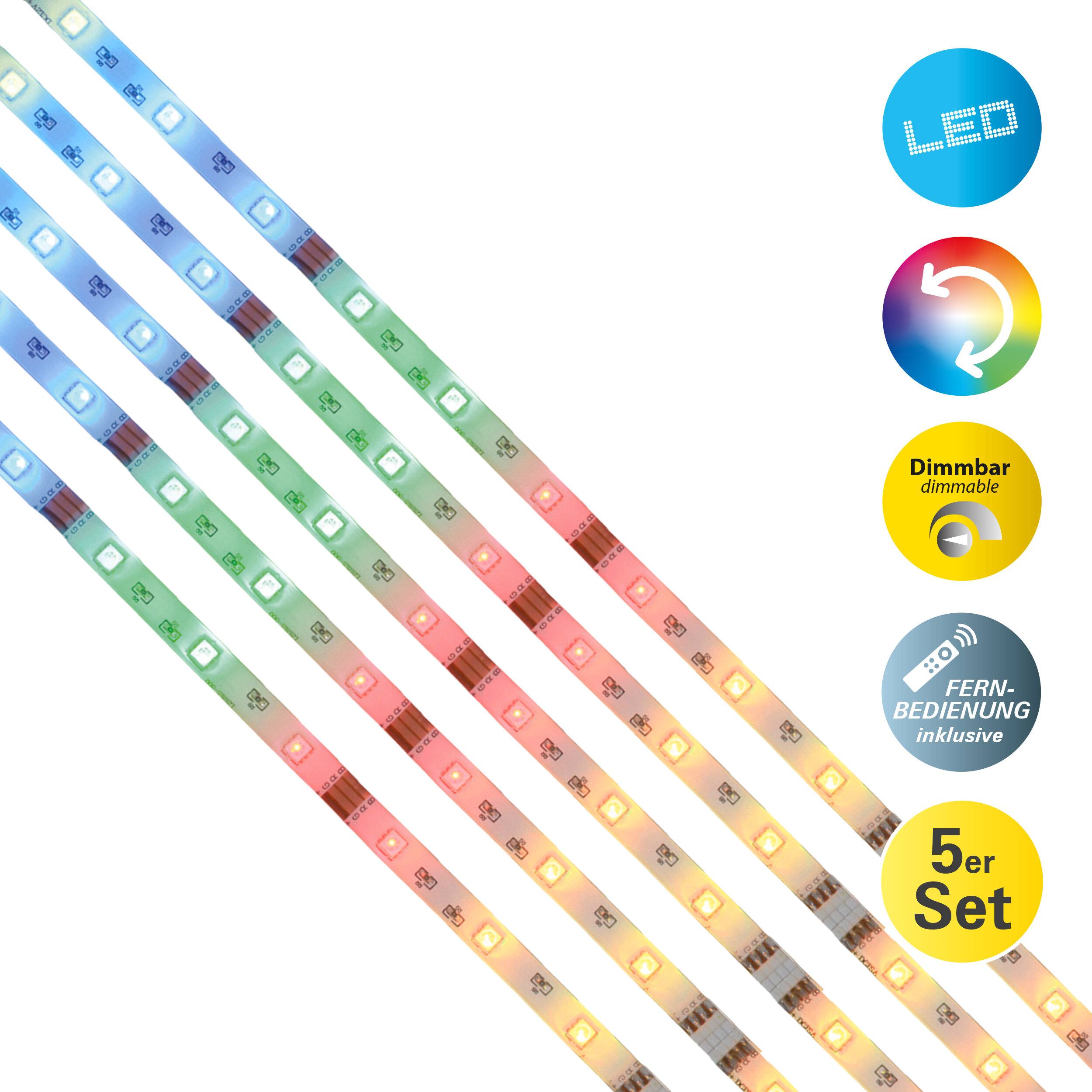 LED-Lichtleisten mit Farboptionen. Enthält Symbole für LED, Farbwechsel, Dimmen und Fernbedienung.