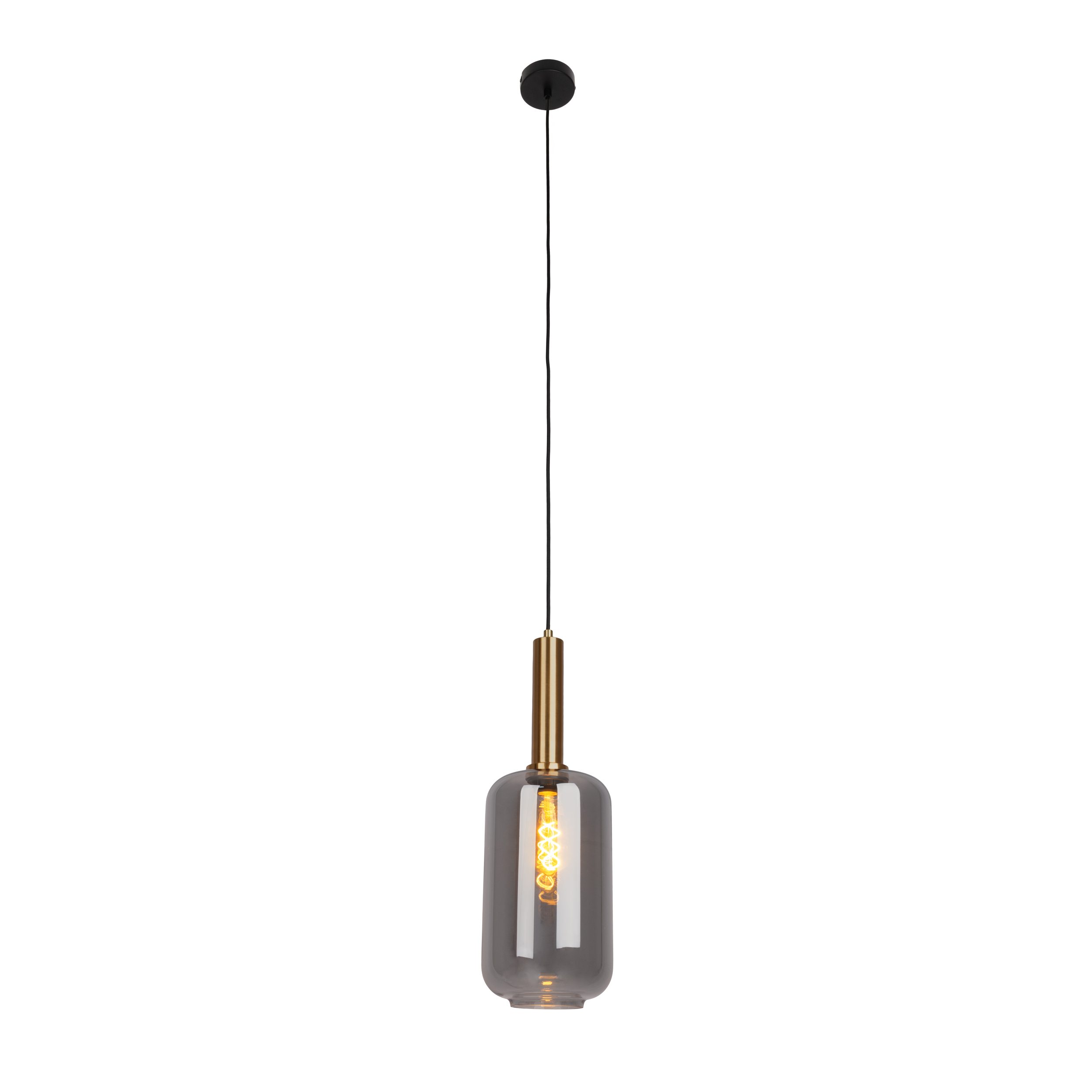Hängeleuchte, schwarzes Kabel und Baldachin, goldfarbener Schaft, graue Glühbirne.