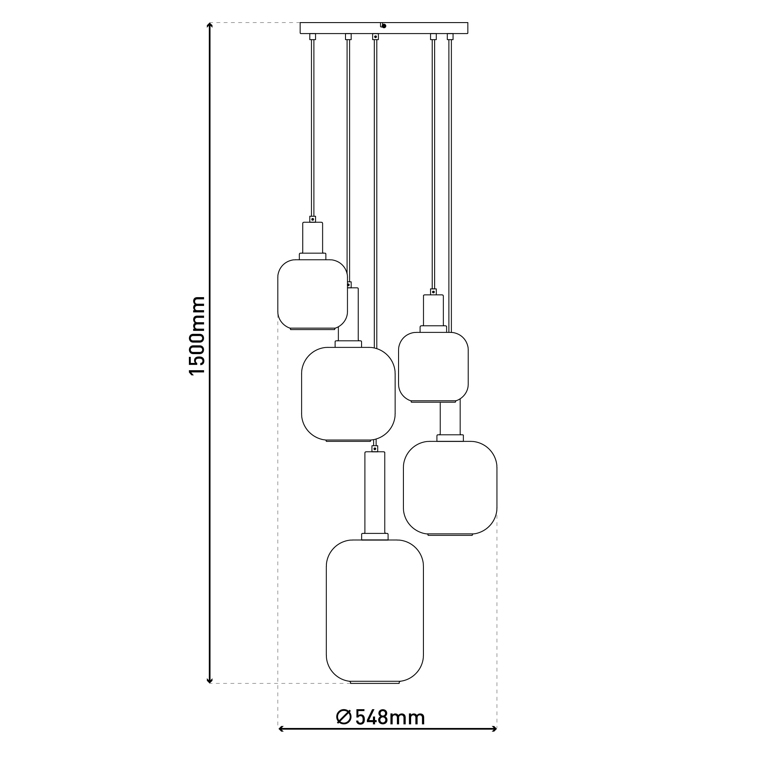 Strichzeichnung von Hängelampen, Abmessungen: 1500 mm Höhe, 548 mm Breite.