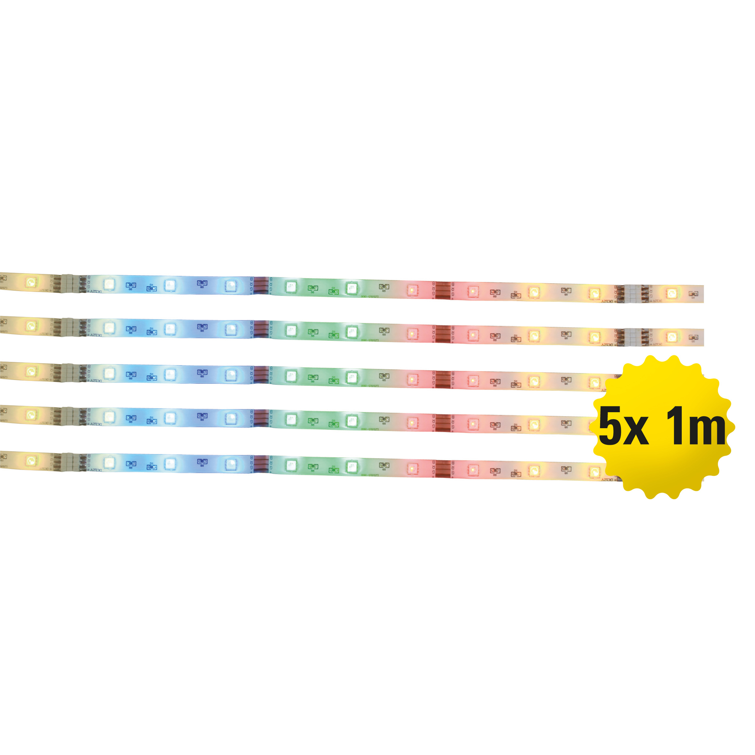 LED-Lichtstreifen, 5x1m, mit verschiedenen Farben beleuchtet. Weißer Hintergrund. Jeder Streifen zeigt Farben.