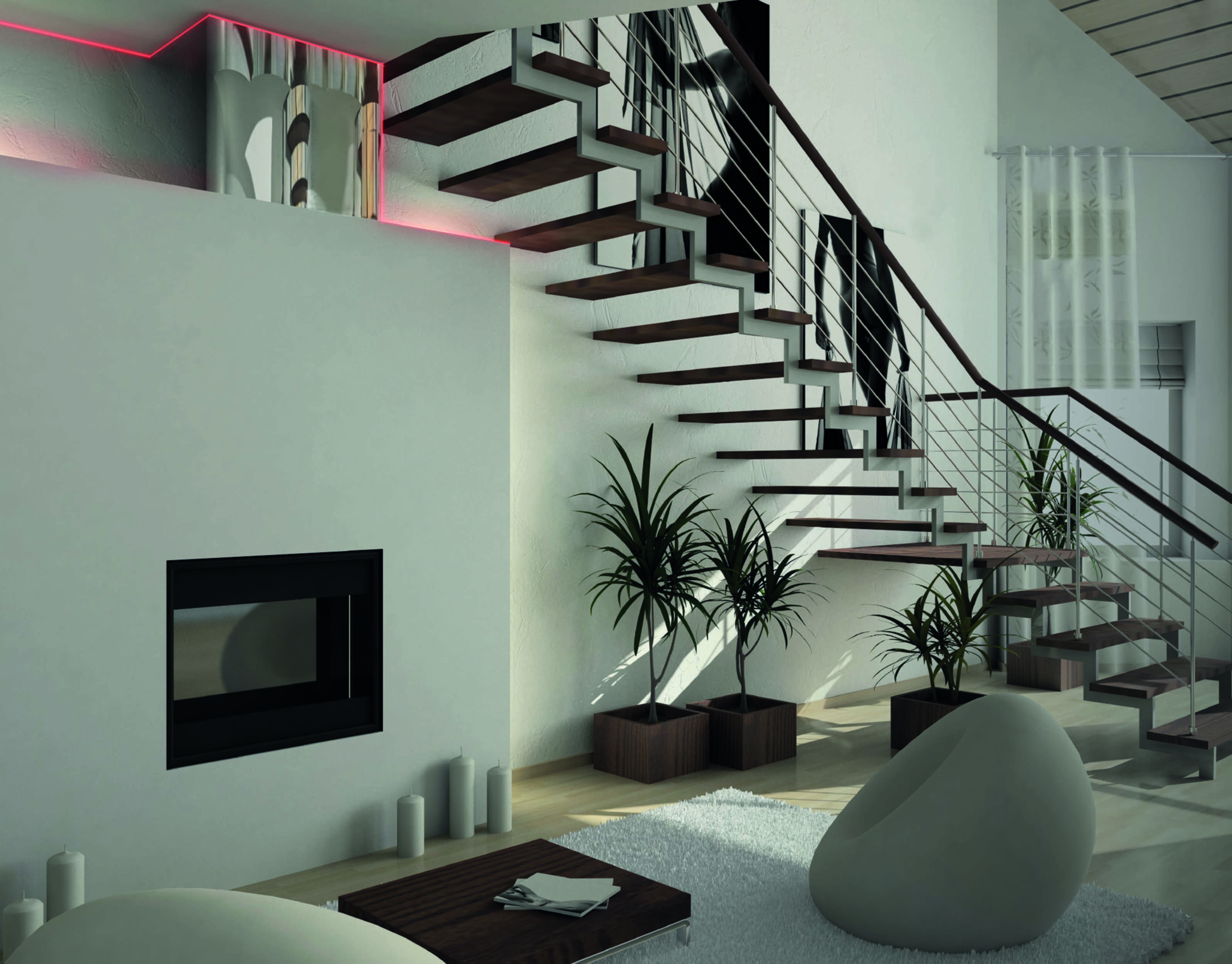 Ein modernes Wohnzimmer mit Treppe, Kamin, Pflanzen und einem weißen Sitzsack.