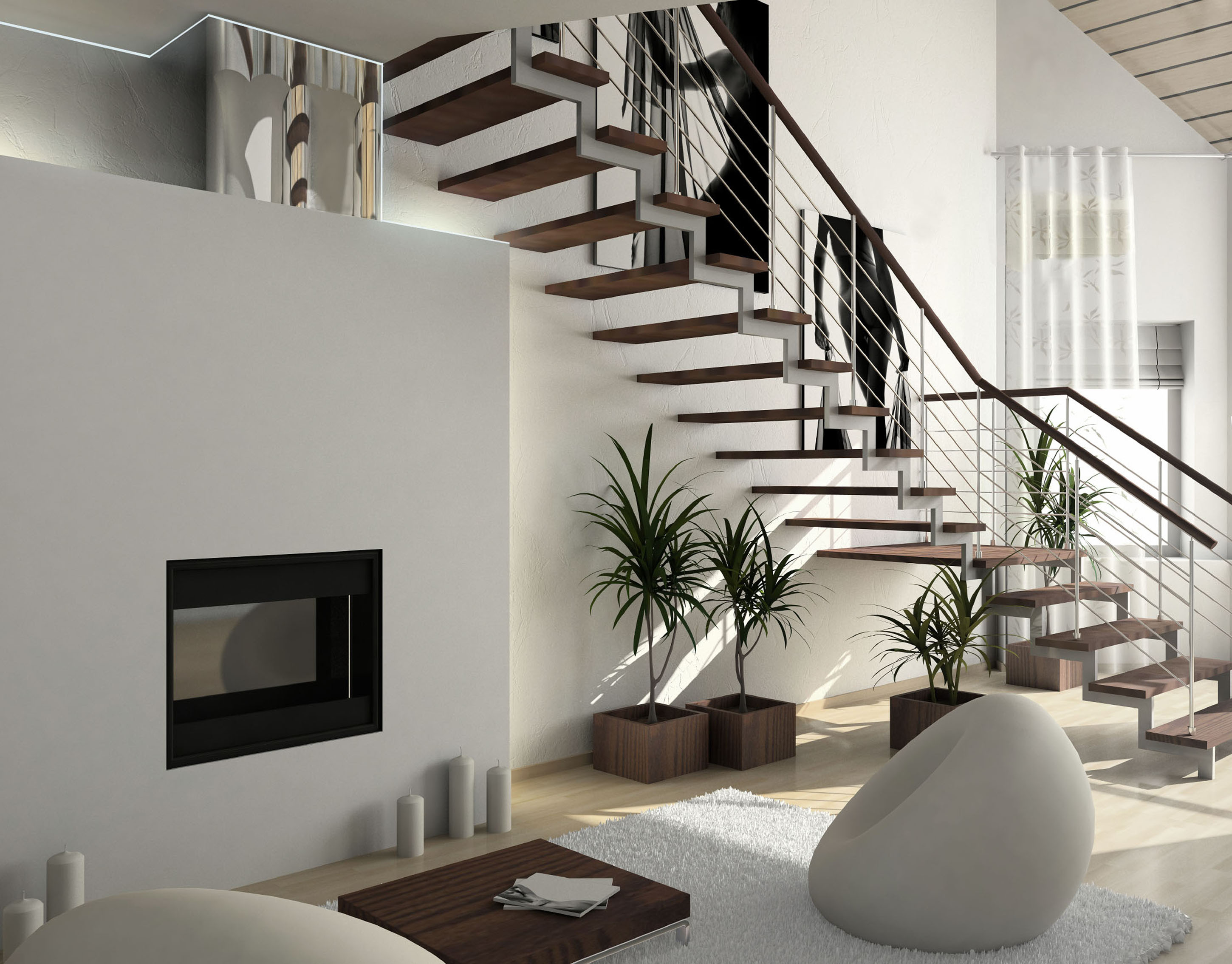 Ein modernes Wohnzimmer mit Treppe, weißen Wänden, Kamin, Pflanzen und einem weißen Sessel.