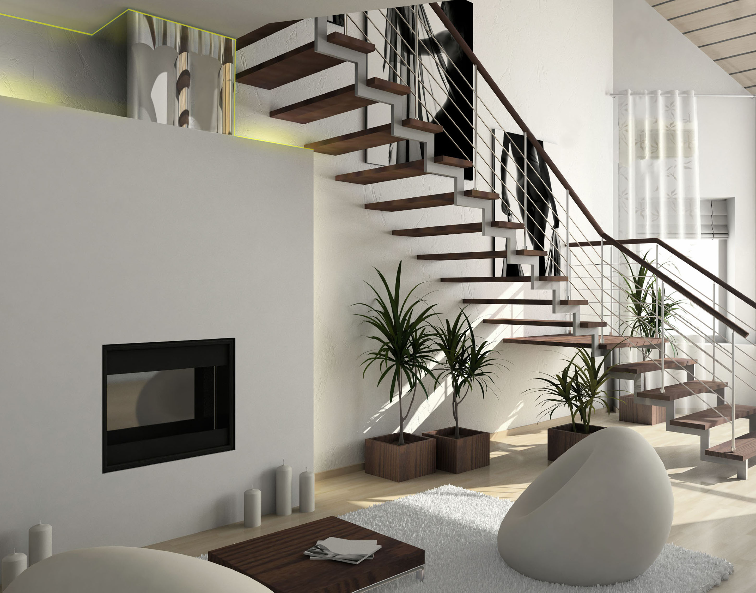 Modernes Wohnzimmer mit Treppe, Pflanzen, weißen Wänden, Kamin und weißem Stuhl.