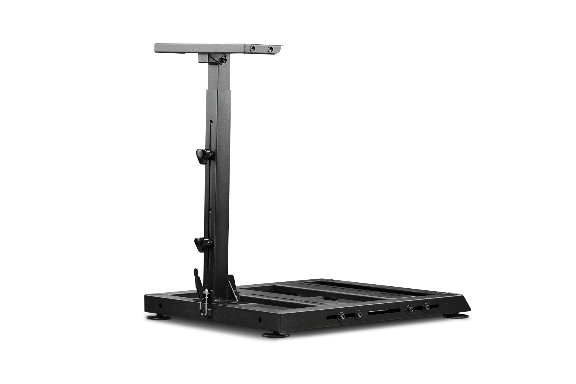 Soporte metálico negro con base cuadrada, soporte vertical y placa superior ajustable, sobre fondo blanco.