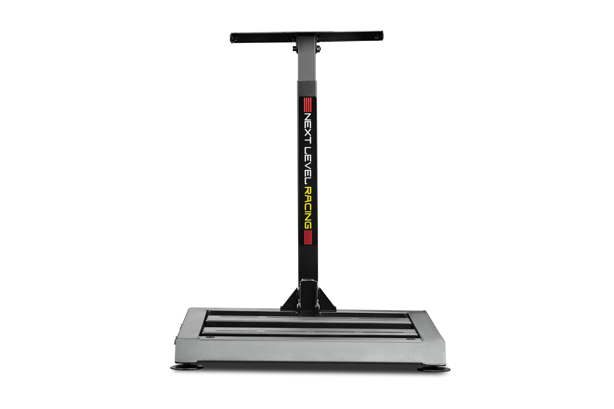 Un soporte de simulador de carreras negro y gris con la marca 'NEXT LEVEL RACING'.