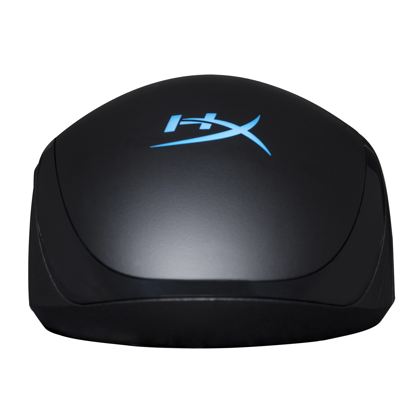Zwarte HyperX gamingmuis, blauw logo, witte achtergrond.