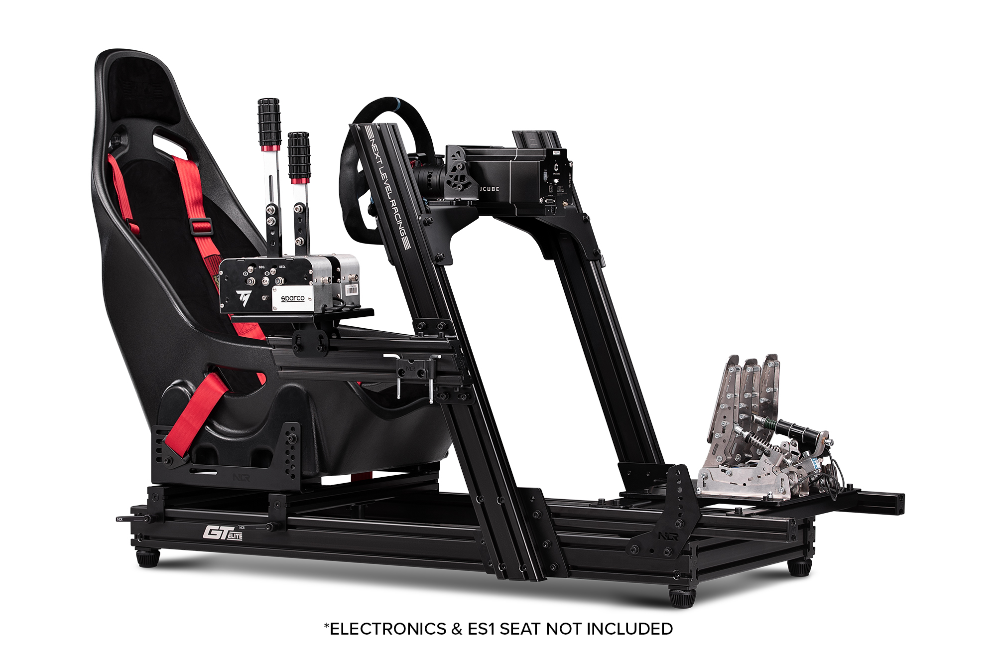 Simulador de carreras negro con asiento, volante y pedales sobre fondo blanco. Texto: Electrónica y asiento ES1 no incluidos.