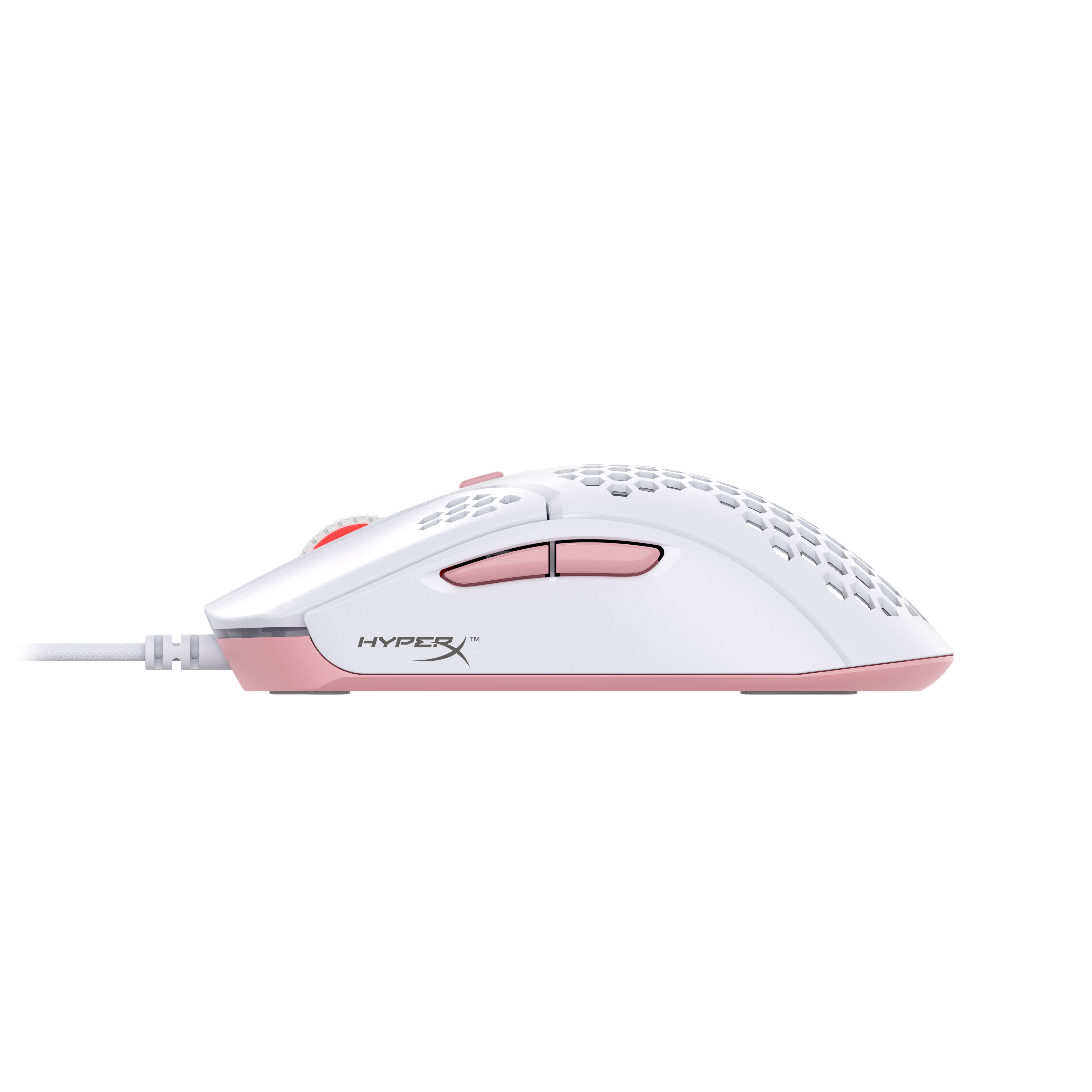 Ratón gaming blanco con detalles rosas, con botones laterales y diseño de panal.