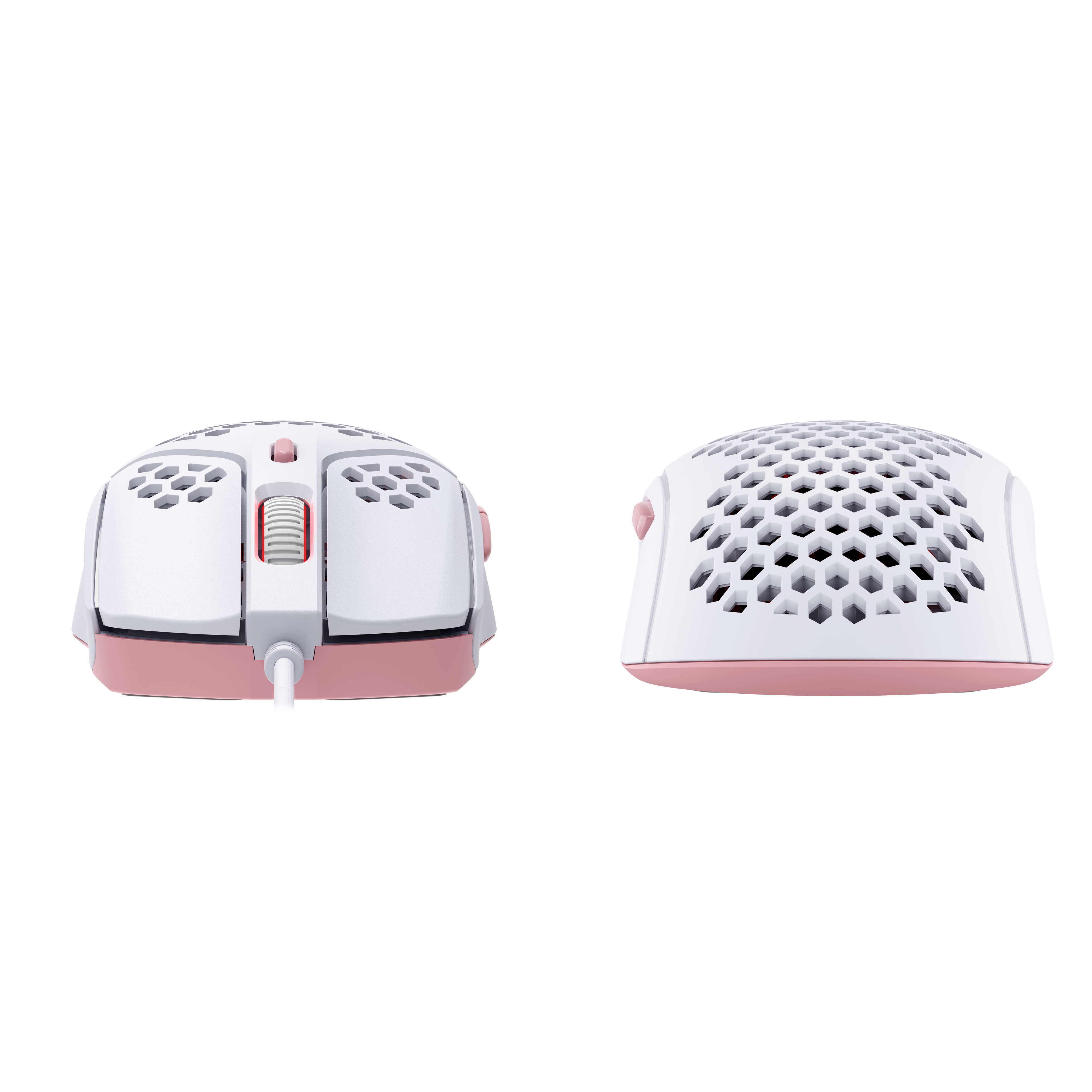 Un ratón gaming blanco y rosa con diseño de panal y cable blanco, mostrado desde dos ángulos.