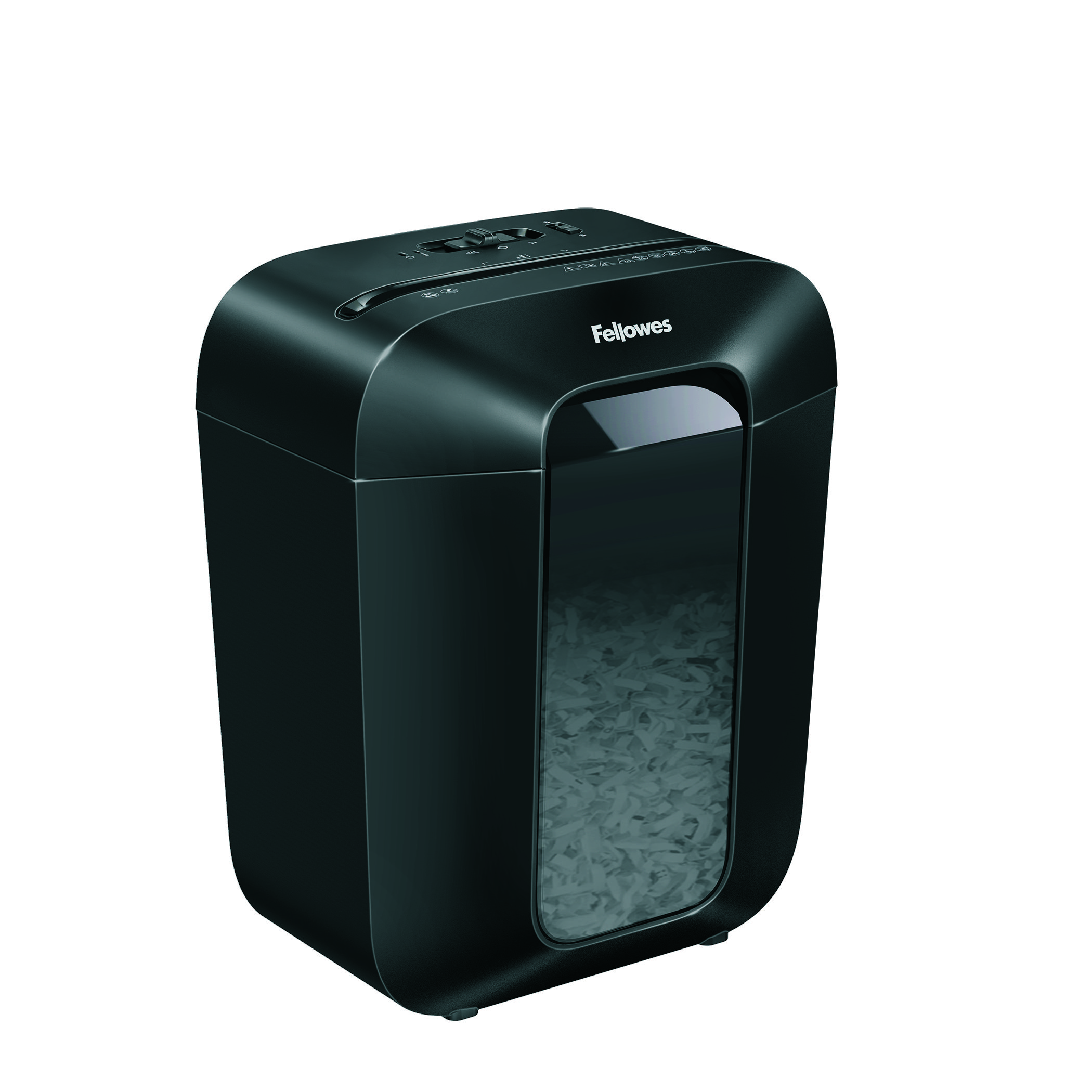 Czarna niszczarka Fellowes z przezroczystym oknem pokazującym pocięty papier.