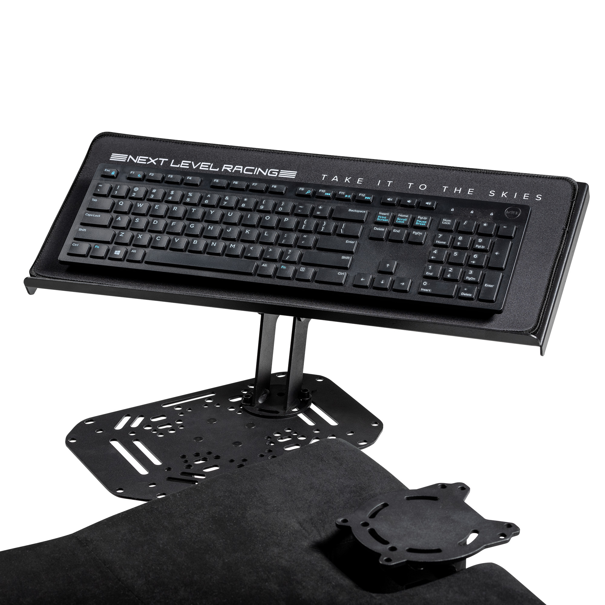 Teclado negro sobre un soporte negro. El soporte está sobre una base negra. El fondo es blanco.