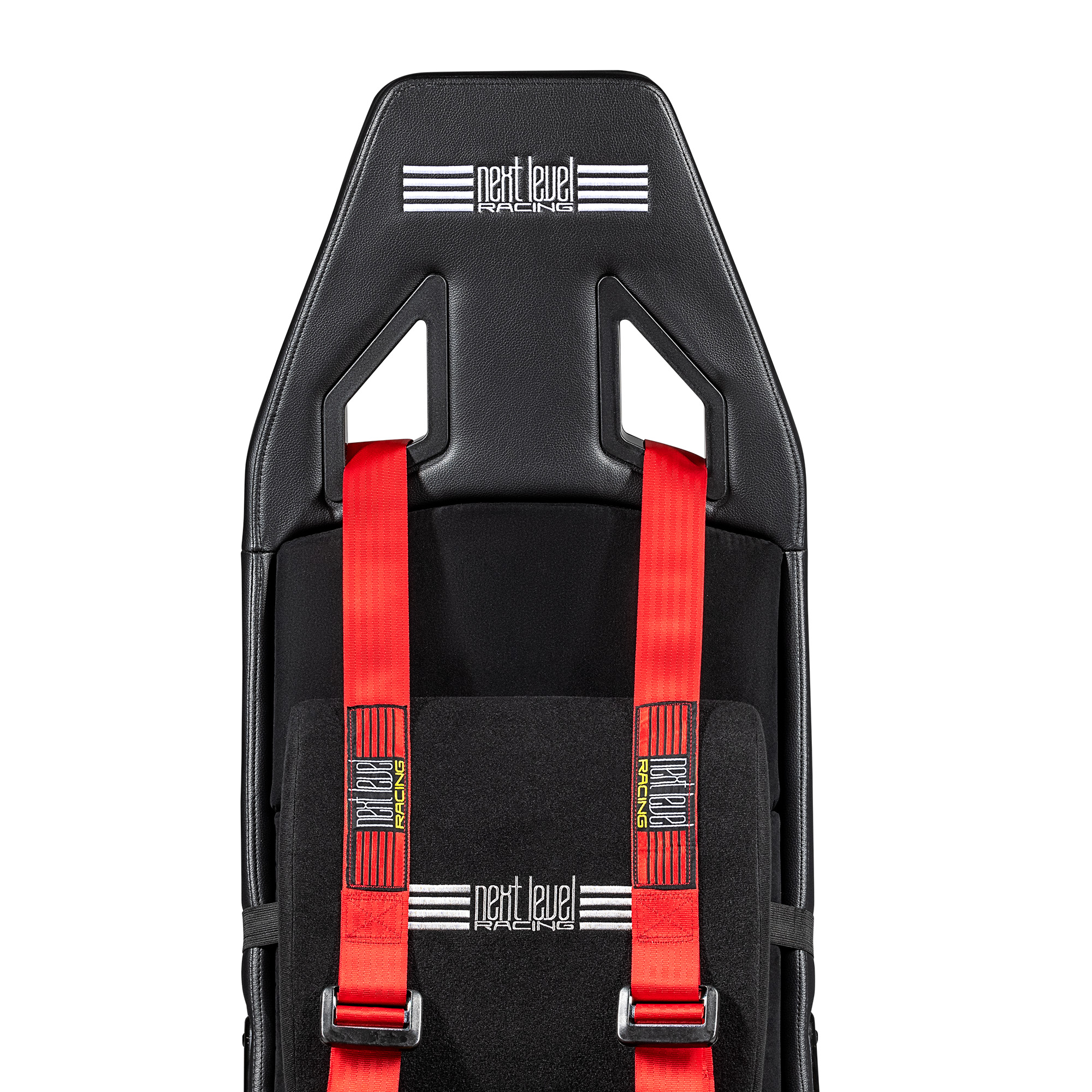 Asiento de carreras negro con correas rojas, texto blanco 'next level racing'.