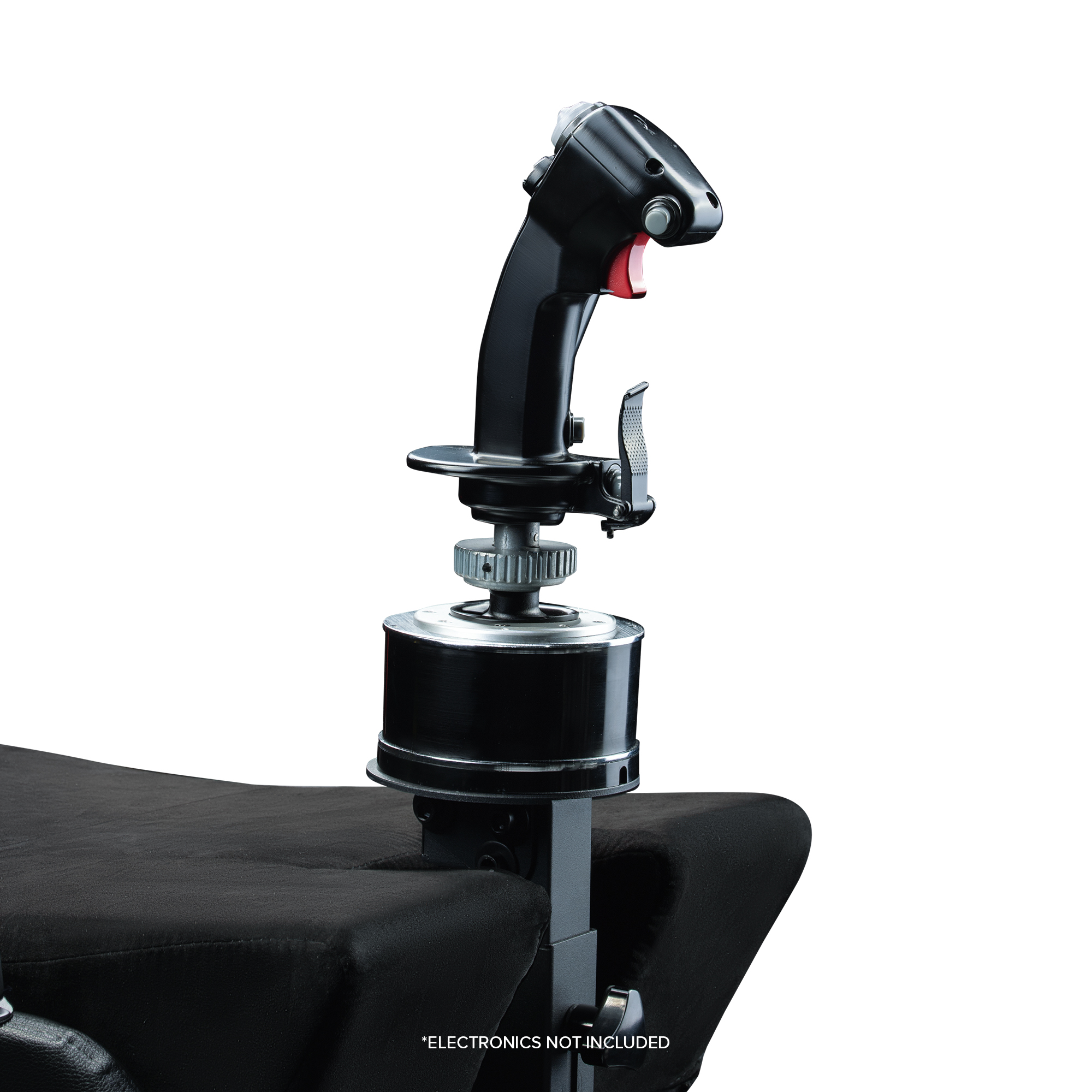 Joystick negro sobre una base negra. Botón rojo arriba.