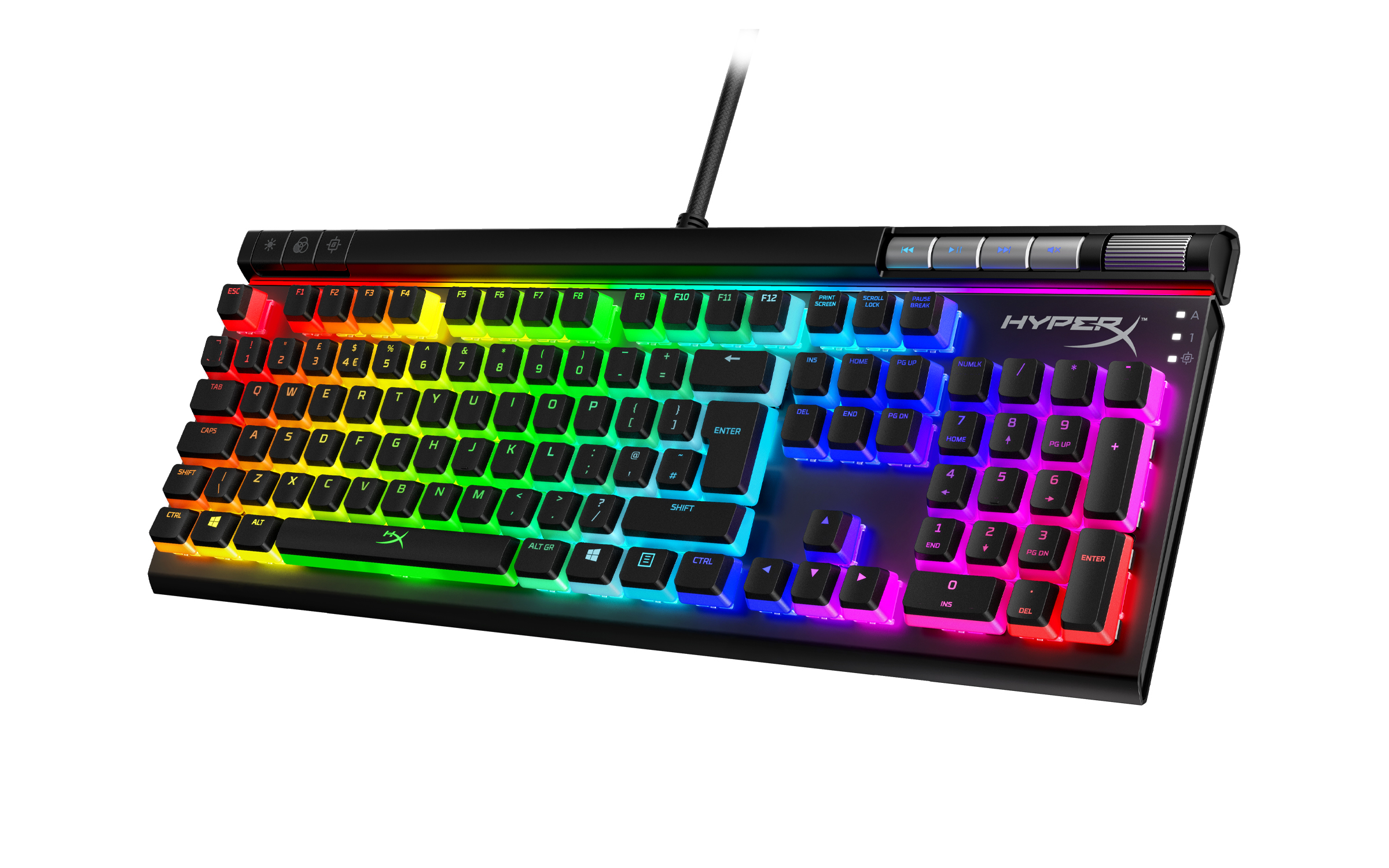 Podświetlana klawiatura w tęczy z czarnymi klawiszami. Klawisze są oznaczone literami i symbolami.