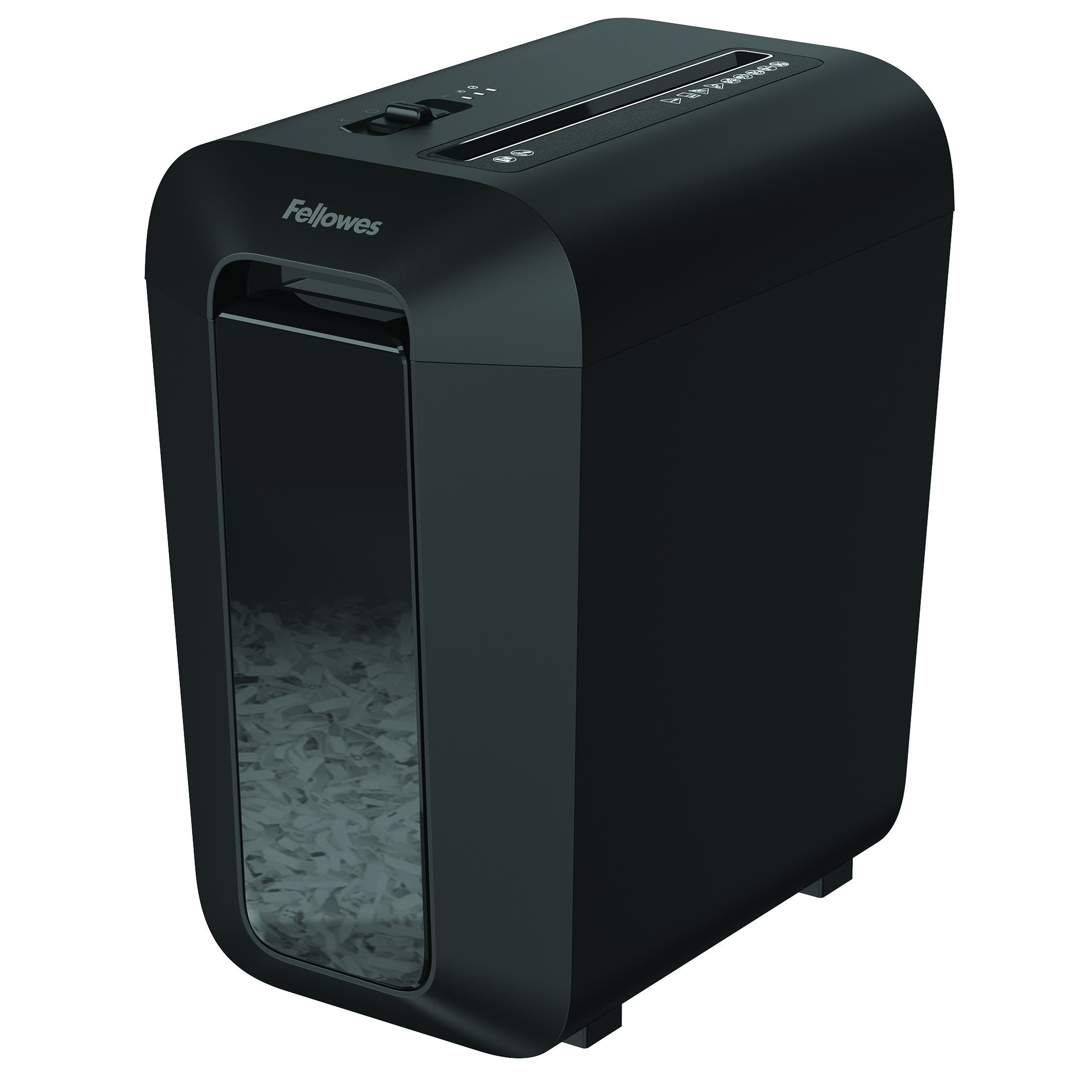 Un destructeur de papier noir avec une fenêtre transparente. Le logo Fellowes est visible.