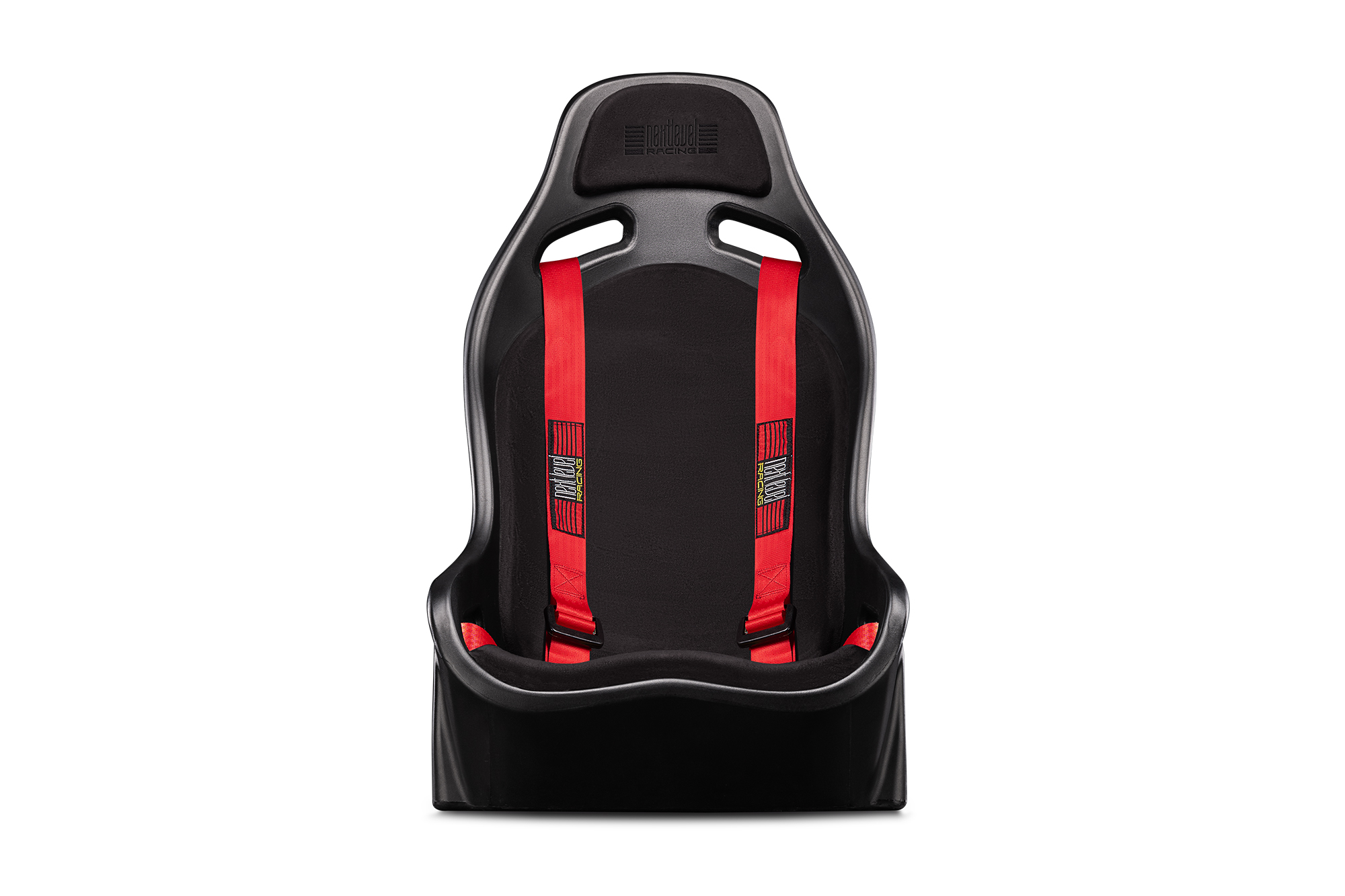 Asiento de carreras negro con correas rojas. El asiento está sobre un fondo blanco.