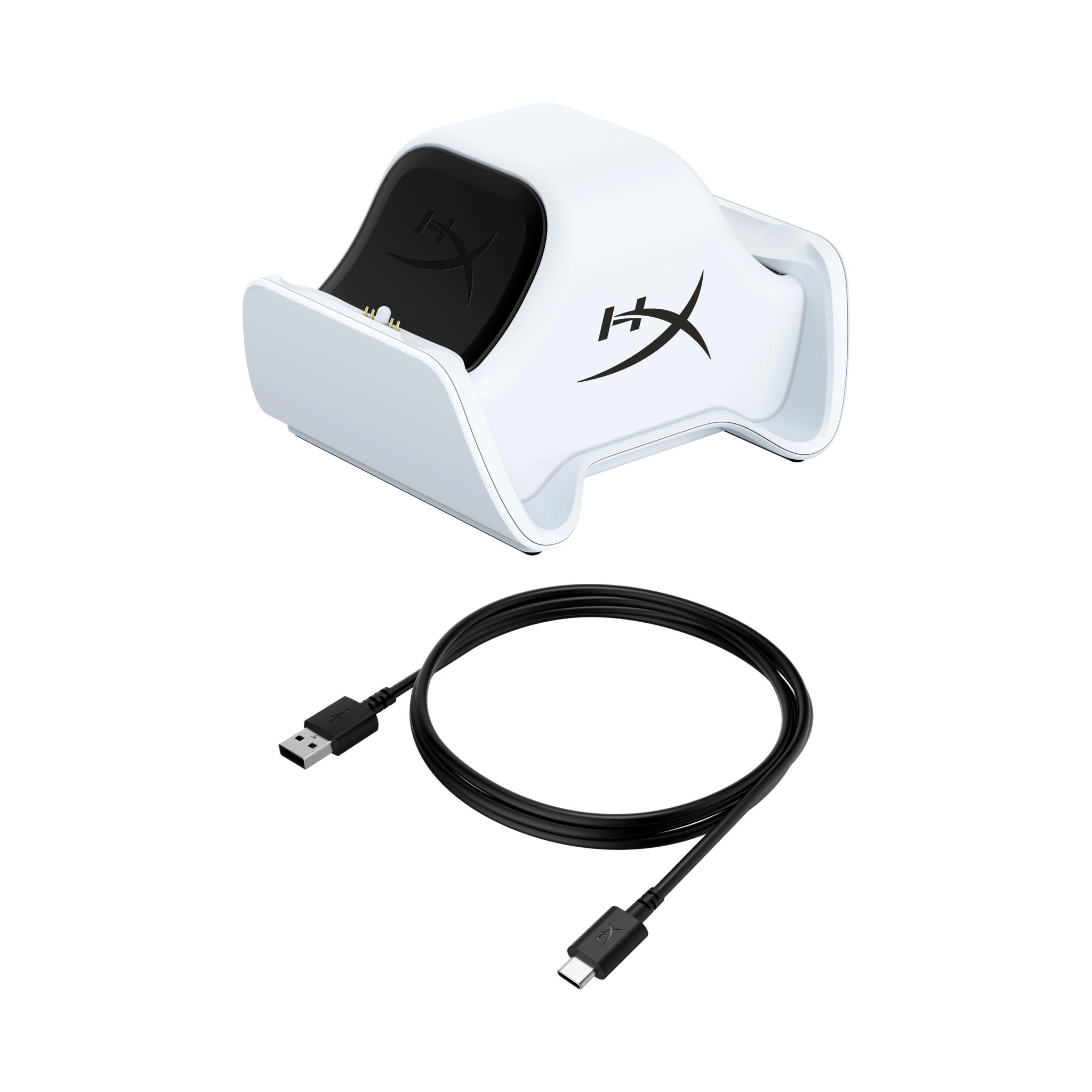 Eine weiße Ladestation mit schwarzem Ladeanschluss und schwarzem USB-Kabel. Weißer Hintergrund.