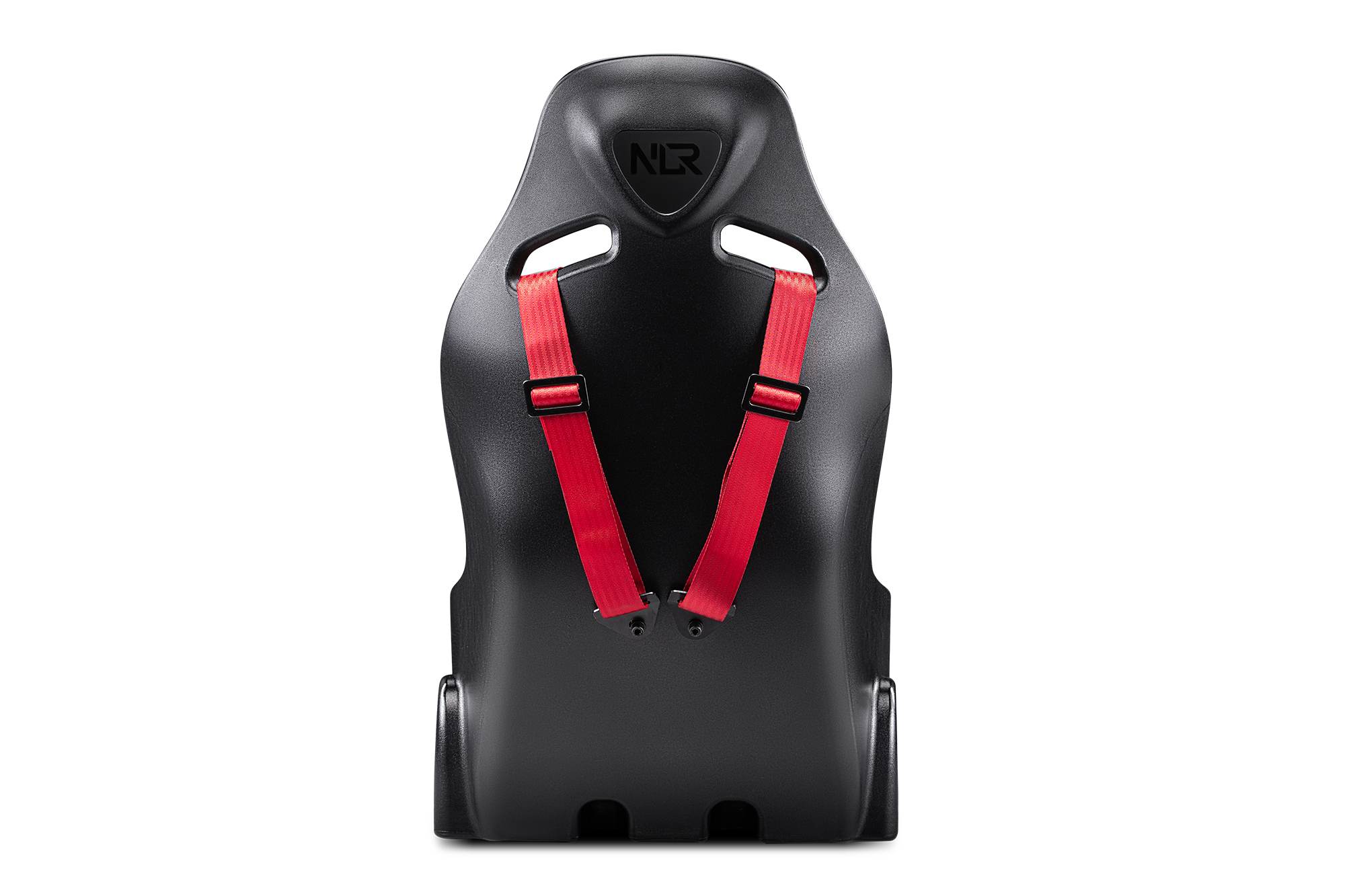 Asiento de carreras negro con cinturones rojos. El asiento tiene un logo NLR arriba.