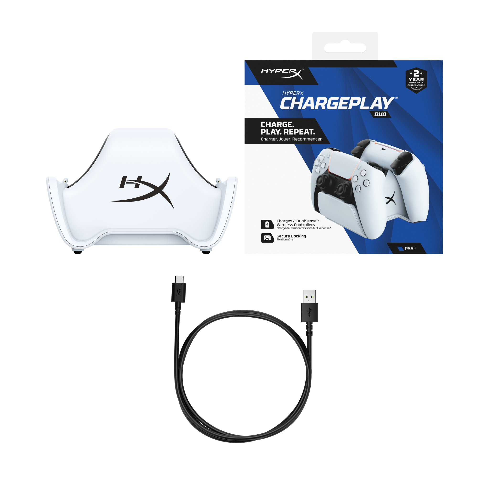 Weißes Ladegerät für Dual-Controller, ein USB-Kabel und eine Box mit Controller-Bildern, auf Weiß.