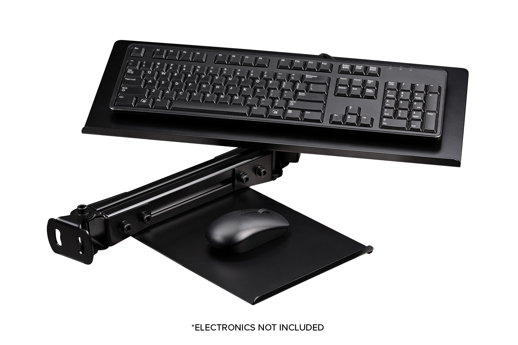 Teclado y ratón negros en un brazo ajustable. El marco tiene un acabado metálico negro.