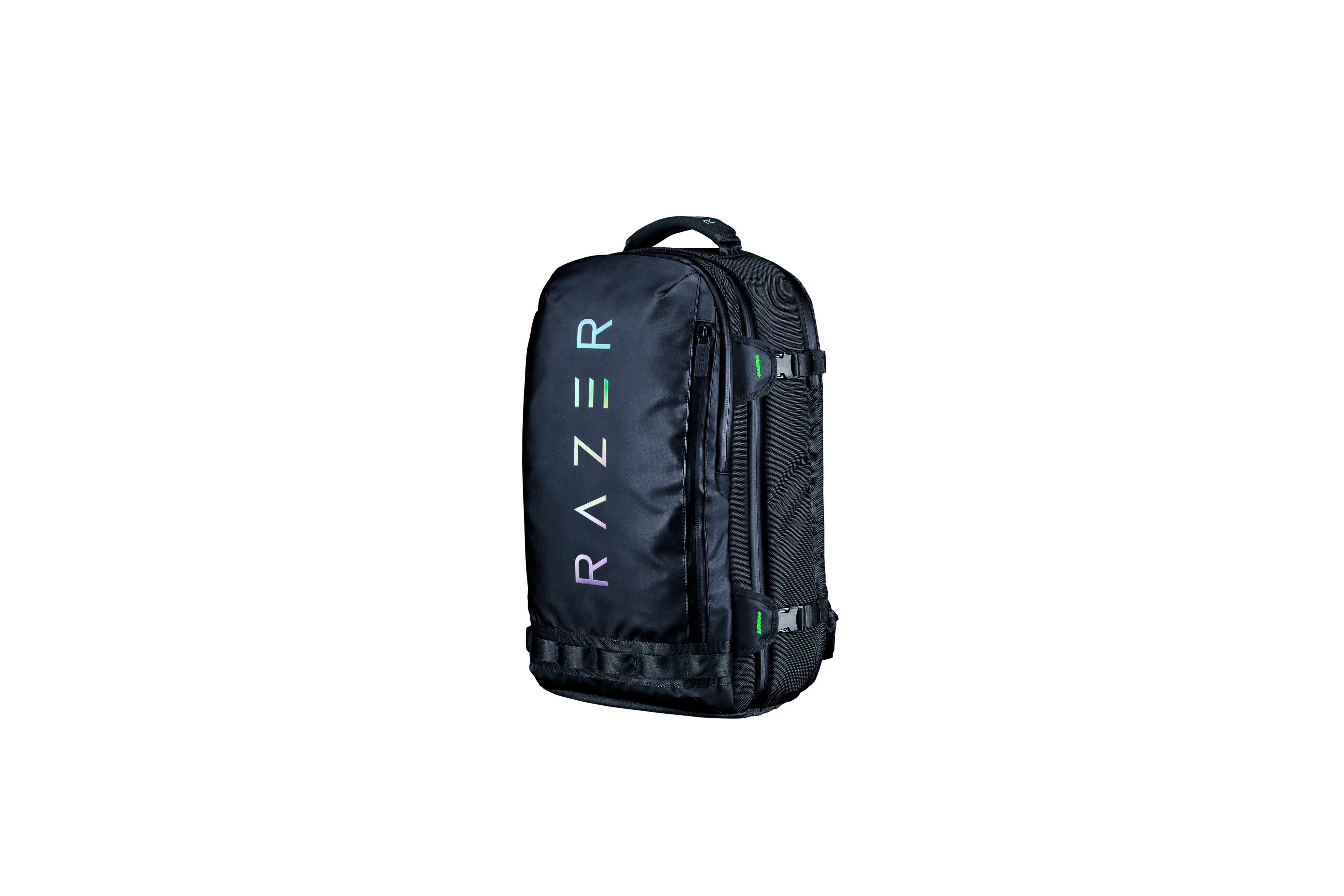 Schwarzer Razer-Rucksack mit Razer-Logo. Schwarze und grüne Akzente. Weißer Hintergrund.