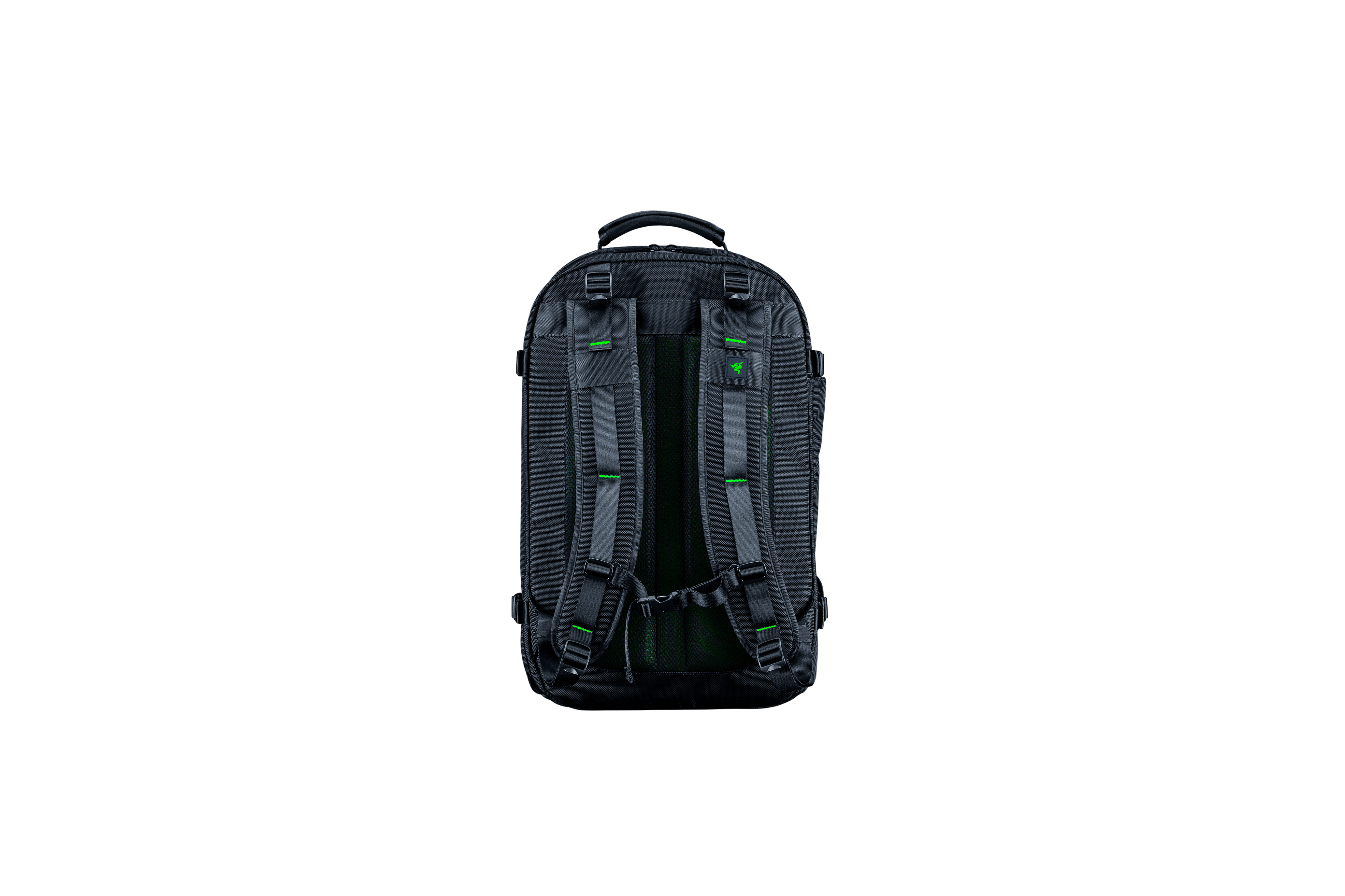 Schwarzer Razer-Rucksack mit grünen Akzenten, Rückansicht.