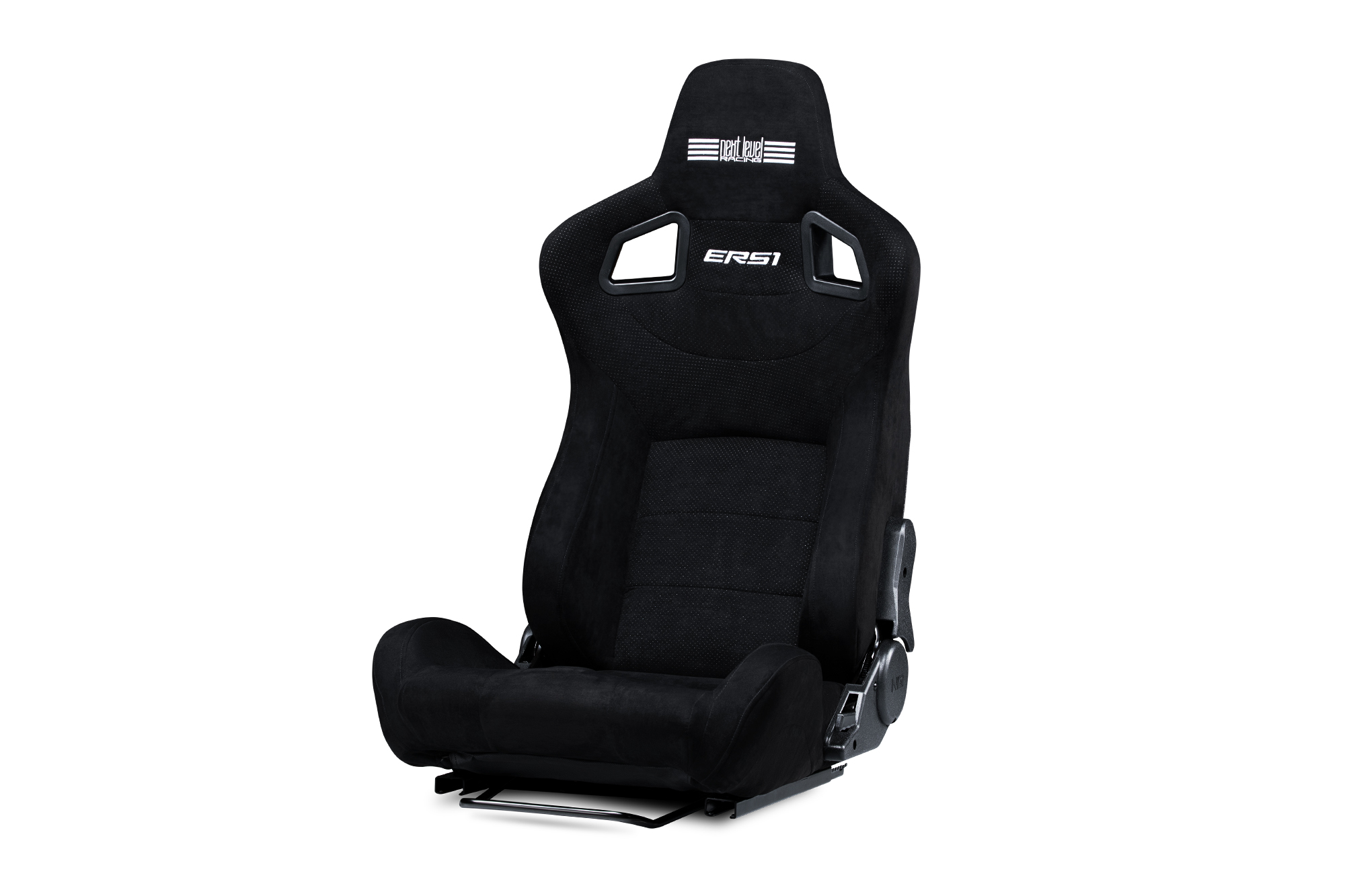 Asiento de carreras negro con logo ERSI sobre fondo blanco. Asiento nuevo.