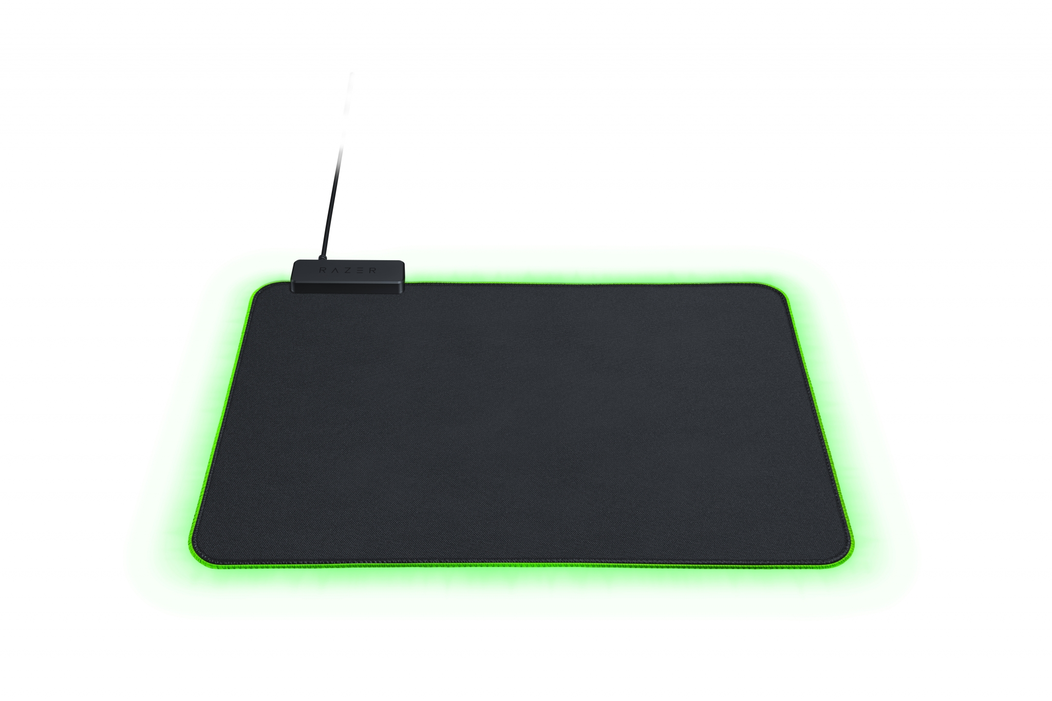 Czarna podkładka pod mysz gamingową z zielonym podświetleniem krawędzi i kablem.