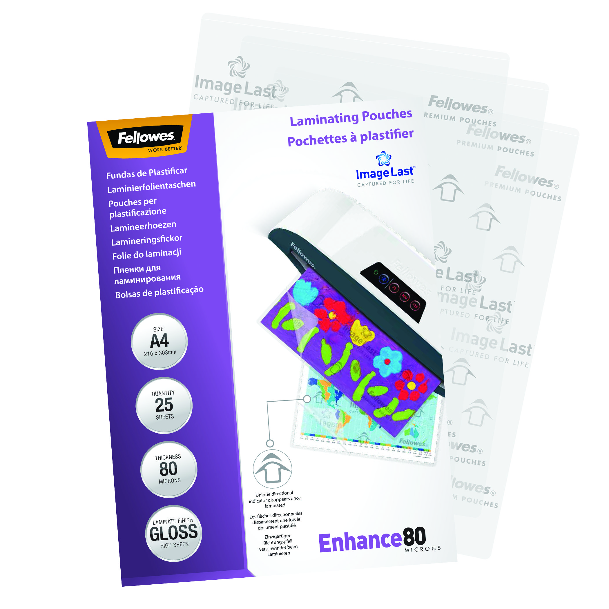 Verpackung für Laminierfolien, mit Text und einem farbenfrohen laminierten Muster.