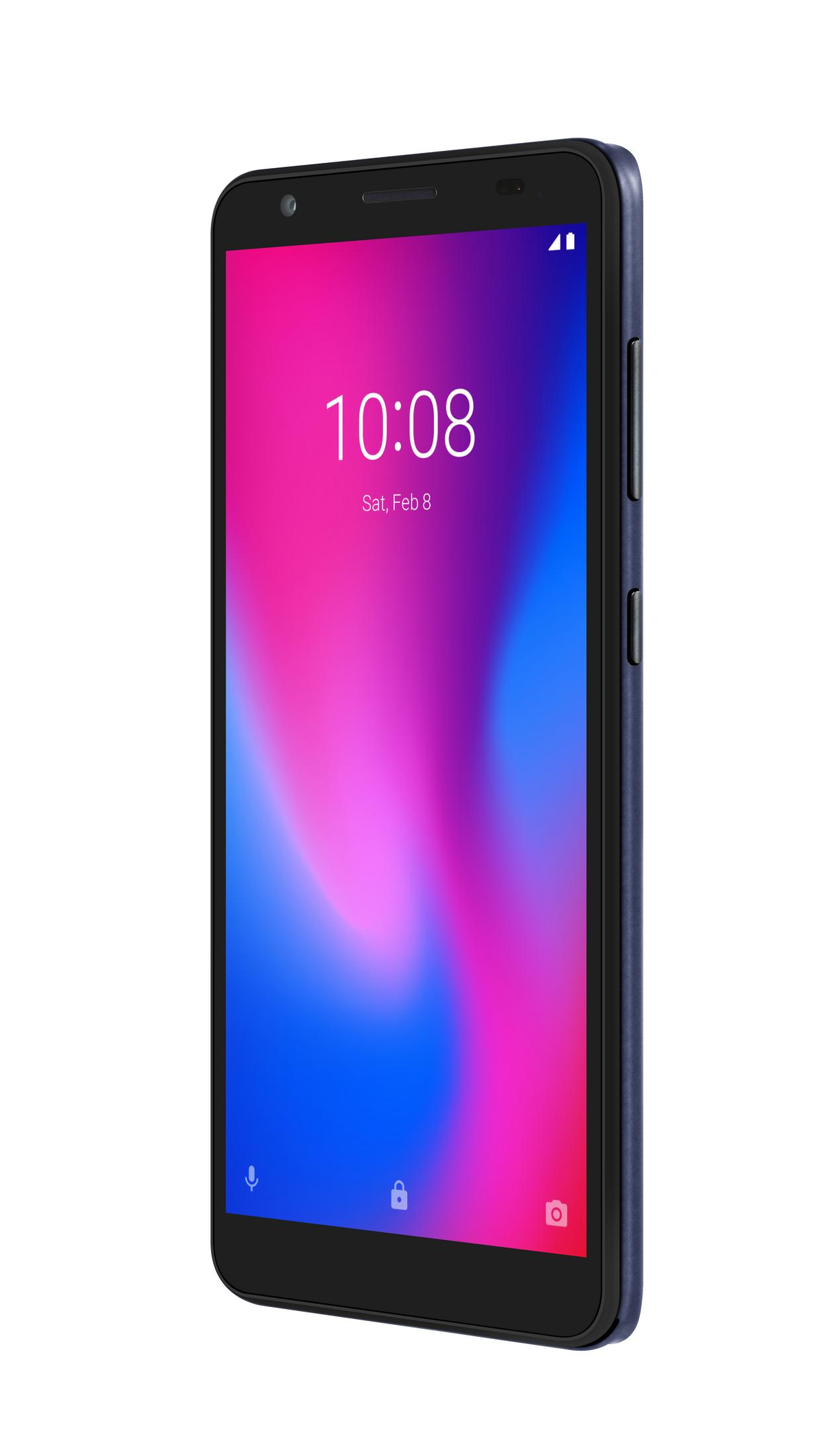 Ein blaues Smartphone, das den Sperrbildschirm mit Uhrzeit und Datum zeigt.