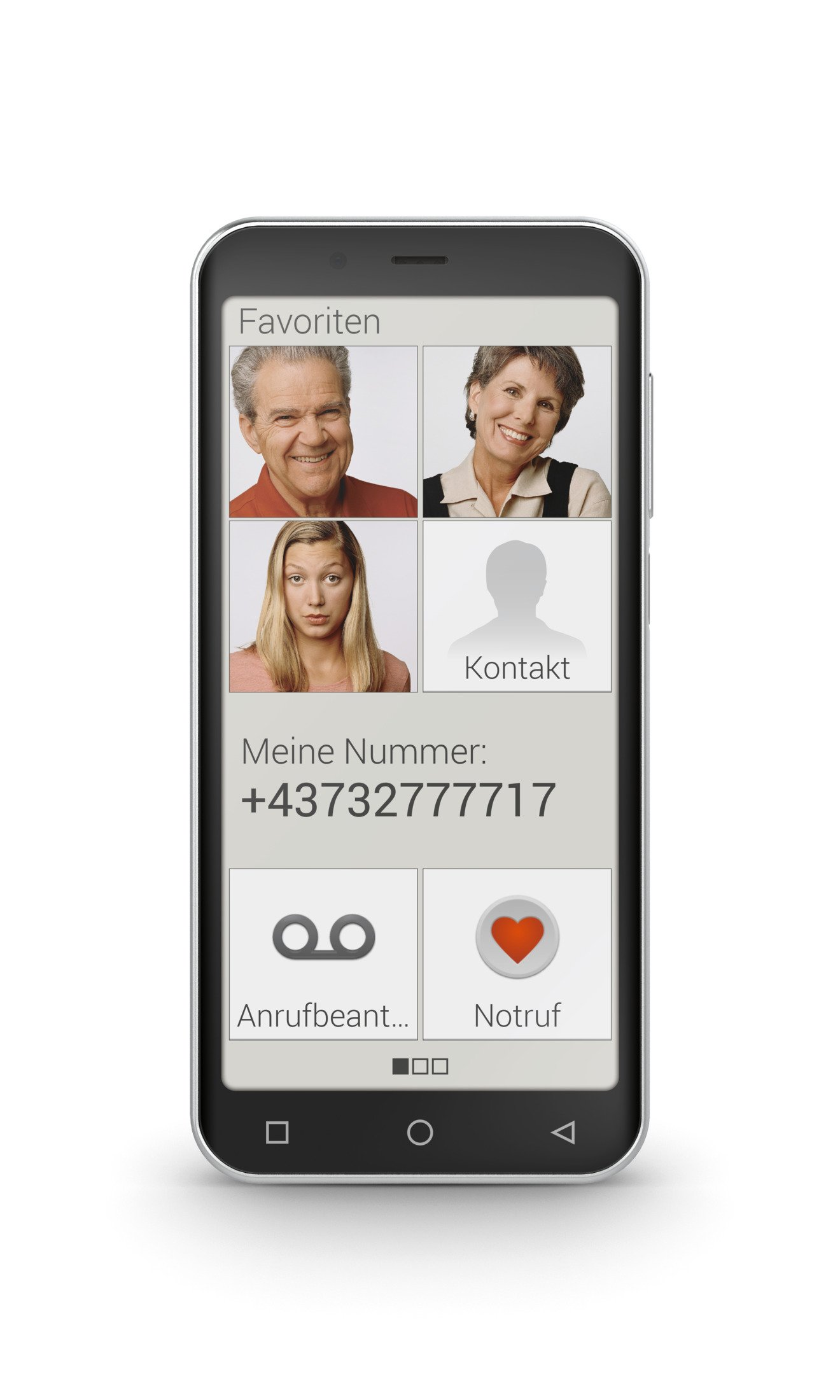 Ein Smartphone, das Kontaktfotos und Anruftasten anzeigt. Eine Telefonnummer wird angezeigt.